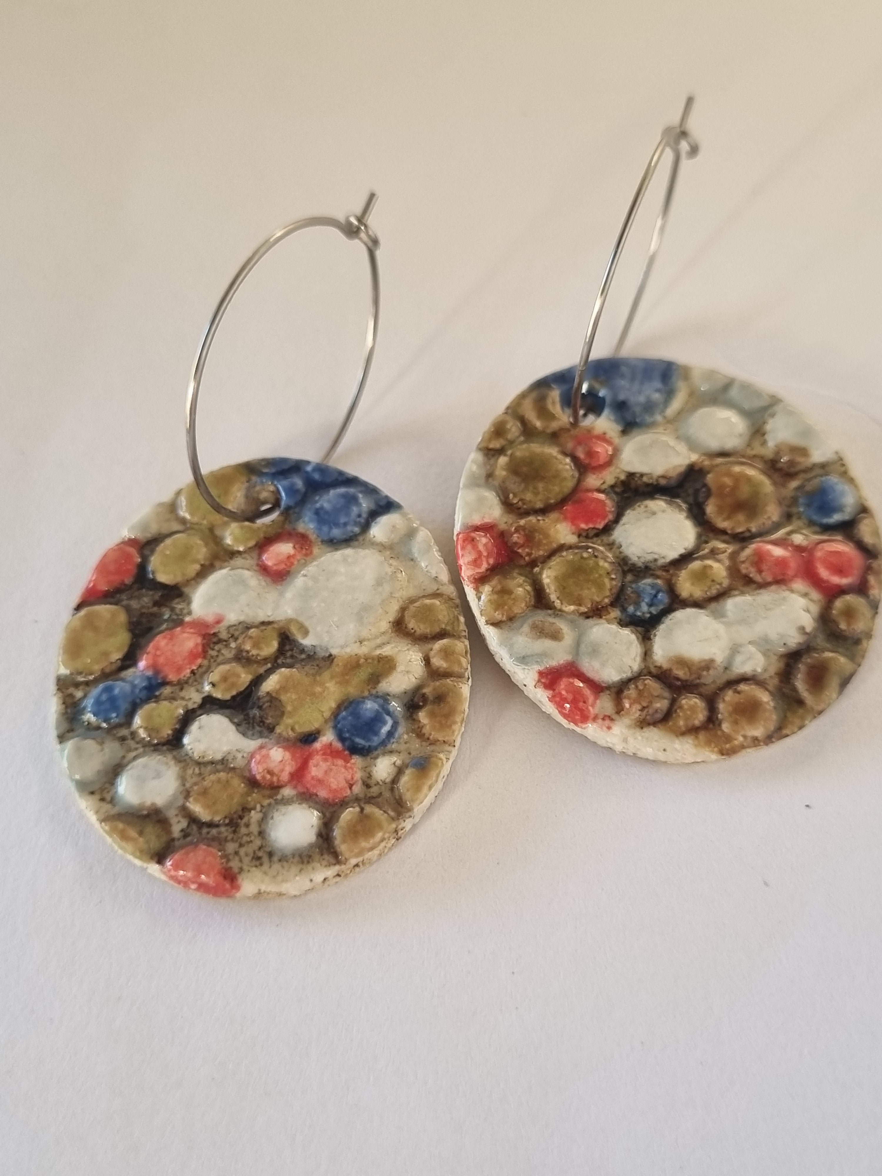 Handmade Stoneware Ceramic Earrings, pink-blue multi-coloured, 35mm diameter, pierced ears