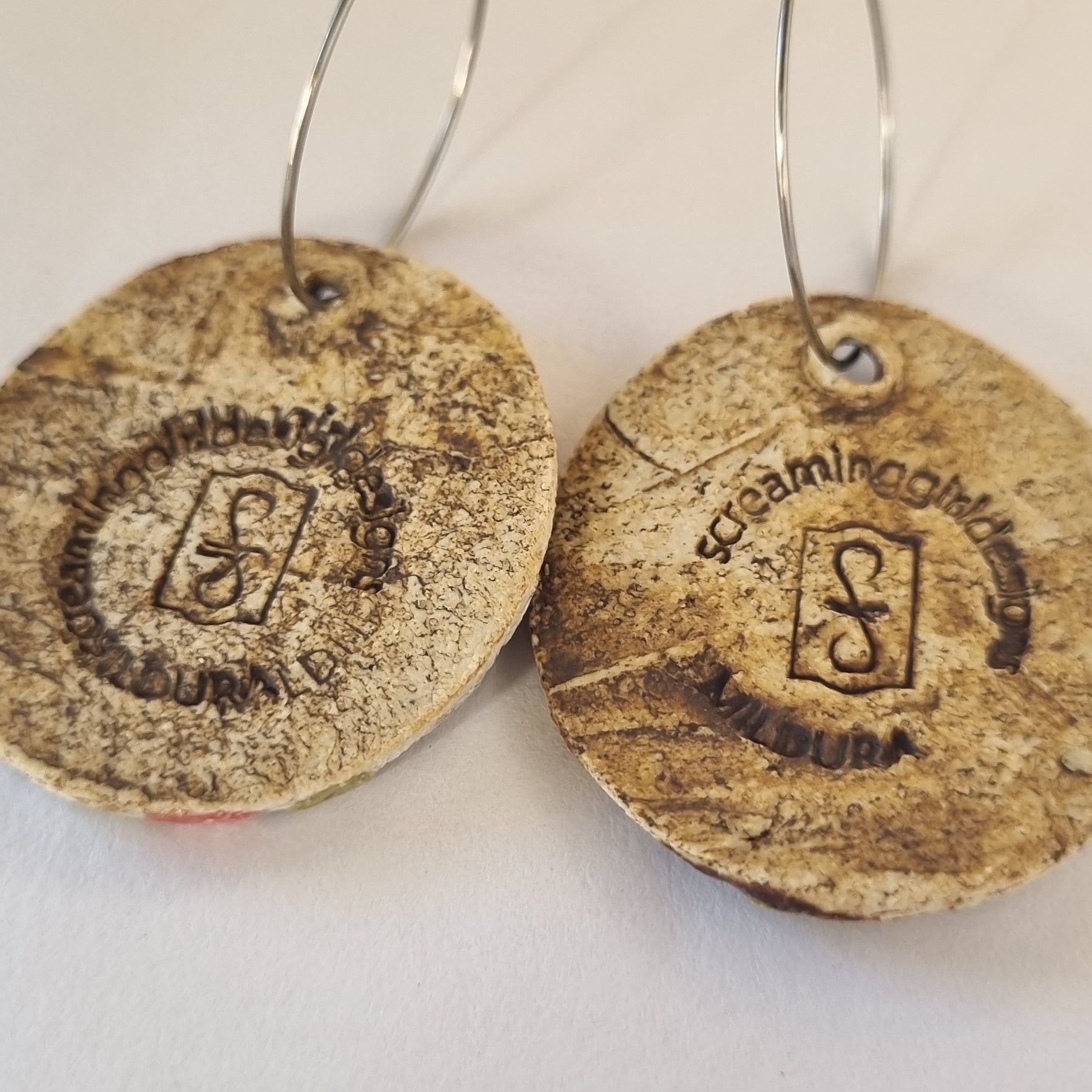 Handmade Stoneware Ceramic Earrings, pink-blue multi-coloured, 35mm diameter, pierced ears