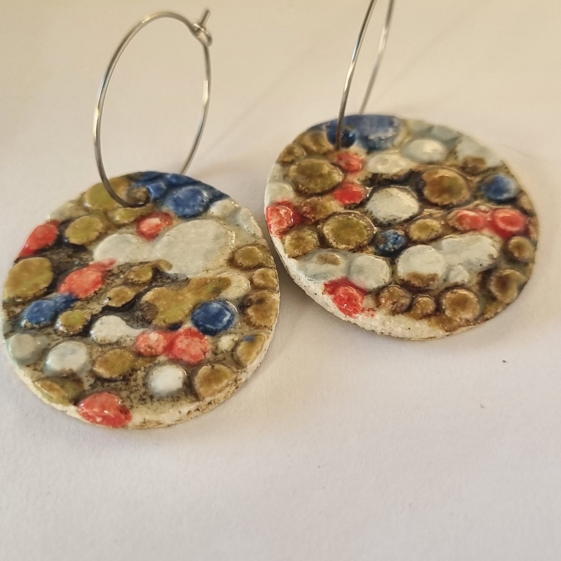 Handmade Stoneware Ceramic Earrings, pink-blue multi-coloured, 35mm diameter, pierced ears