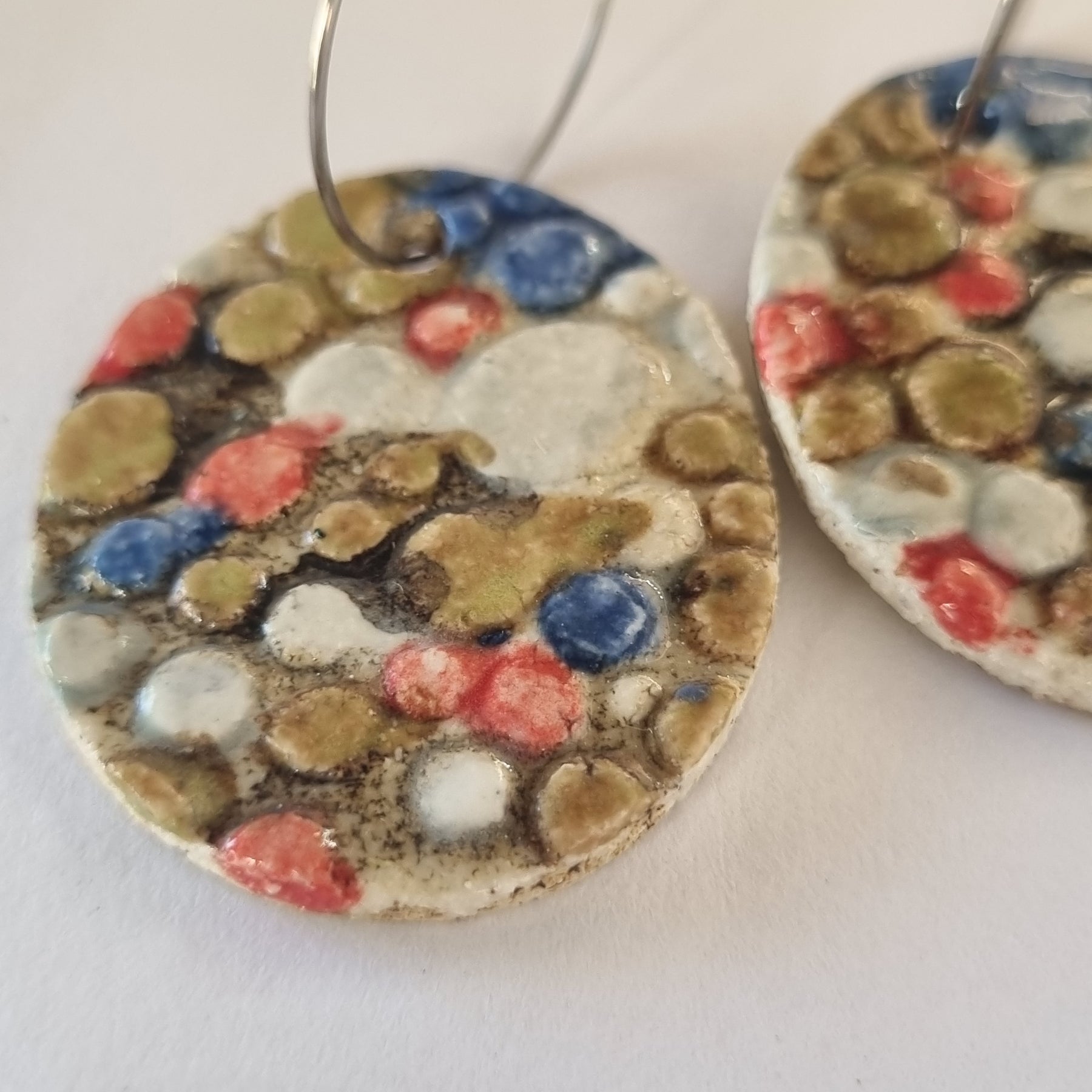 Handmade Stoneware Ceramic Earrings, pink-blue multi-coloured, 35mm diameter, pierced ears