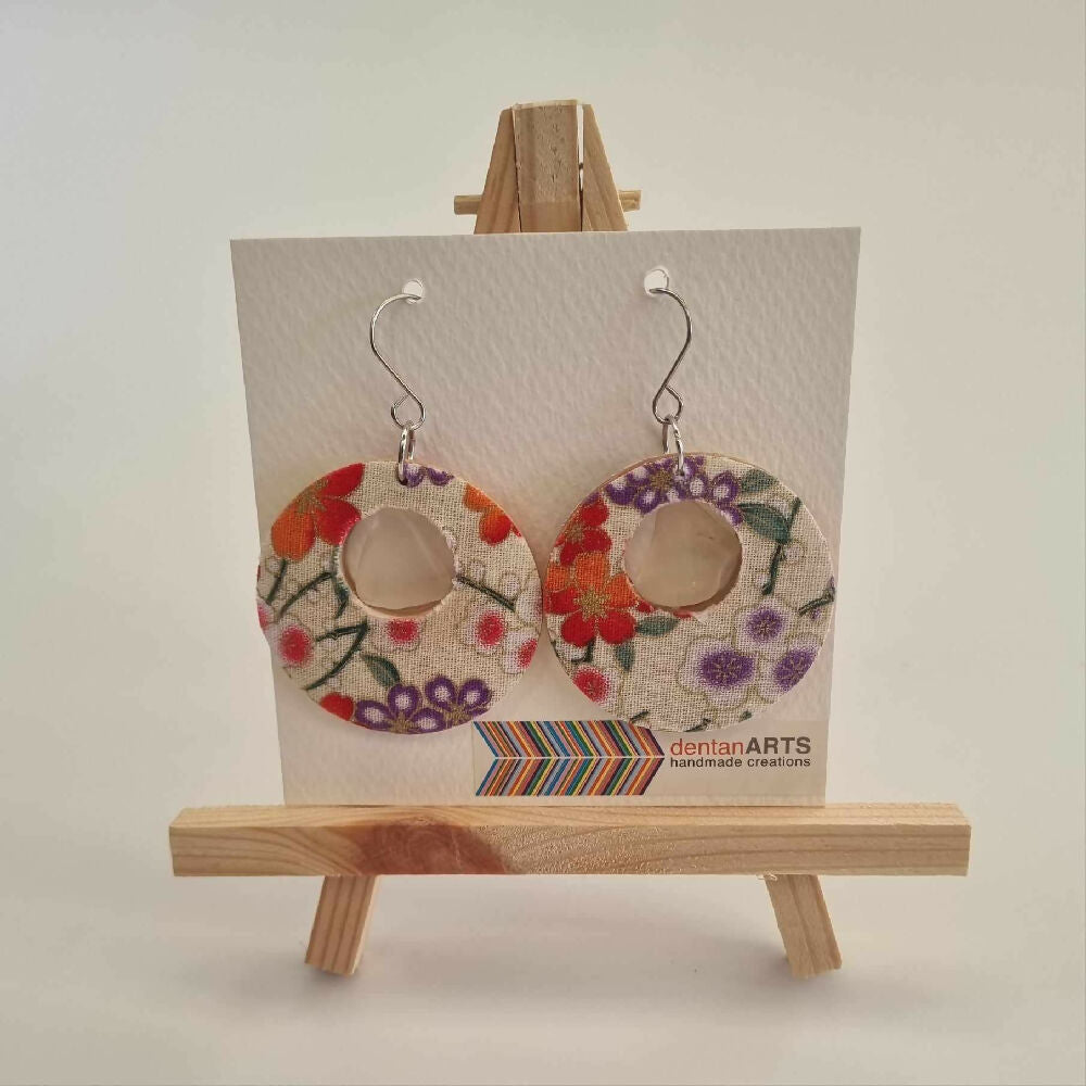 Hikari Woodglass Jewelry Series : Japanese Fabric Wooden Earrings with Sea Glass (Large for the Bold)