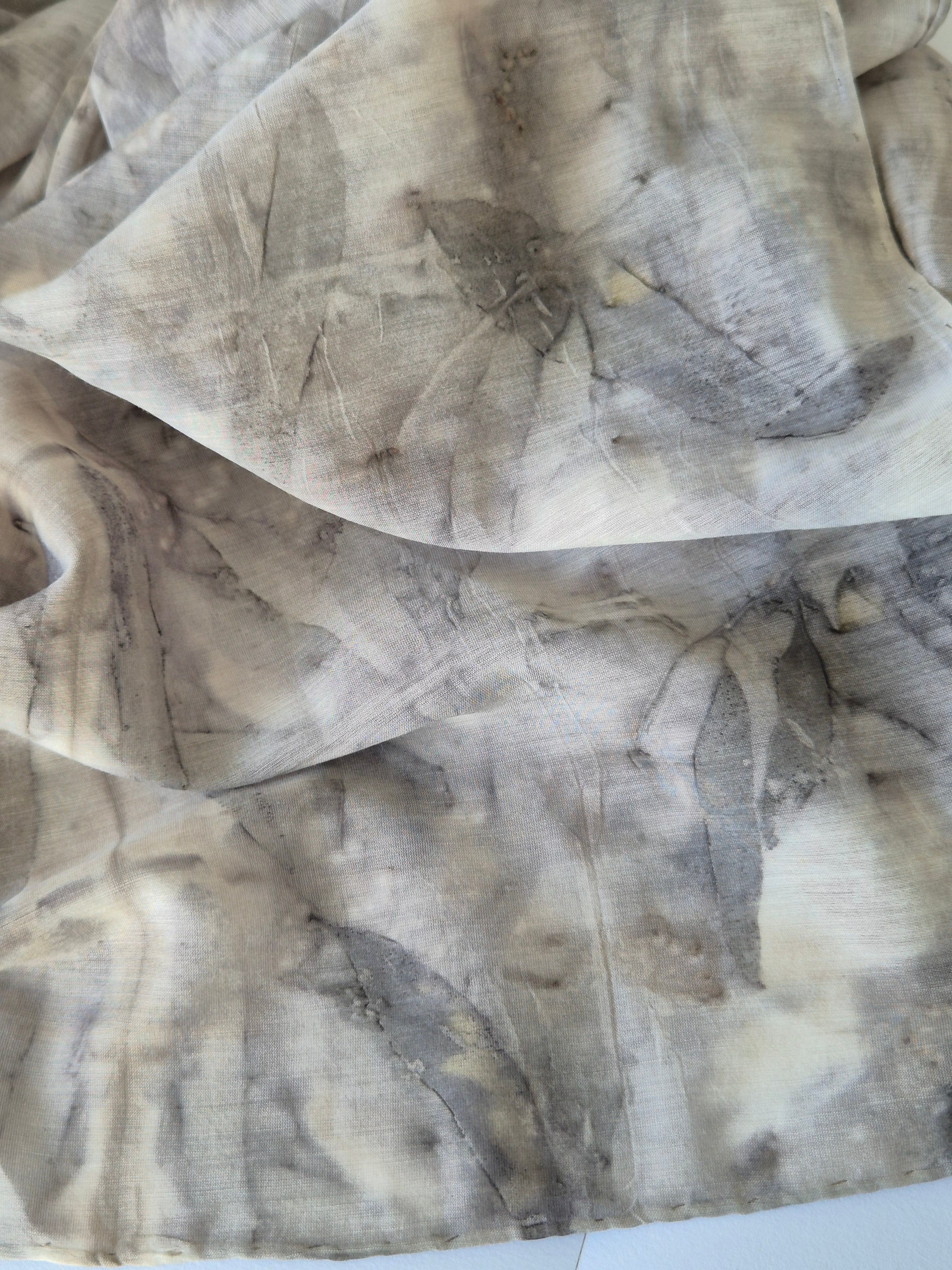Ecoprinted scarf soft silk cotton neutral black grey