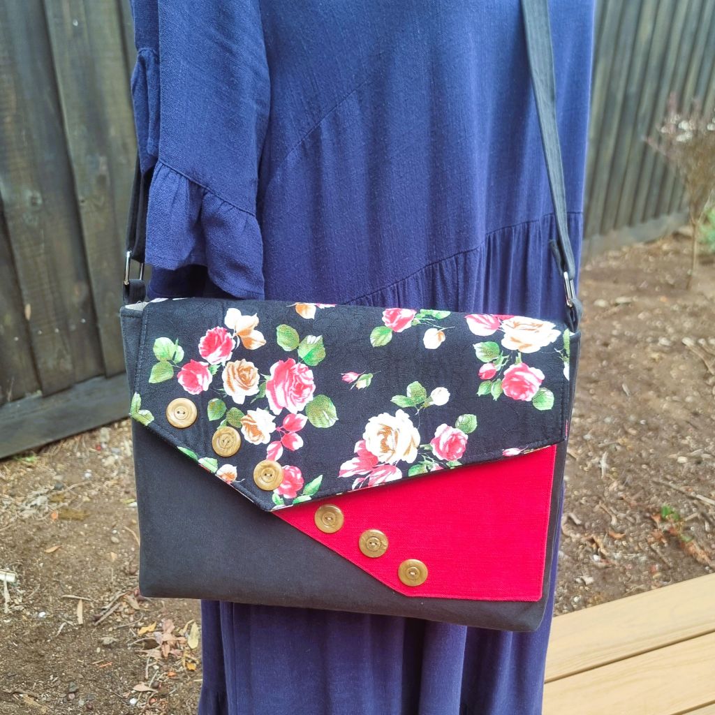 Upcycled assymetrical crossbody messenger bag - black & pink with roses