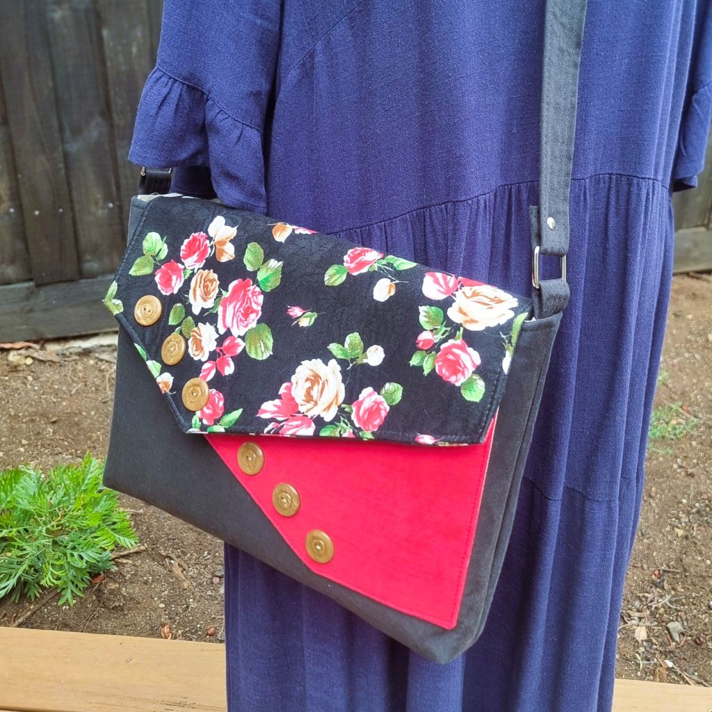 Upcycled assymetrical crossbody messenger bag - black & pink with roses