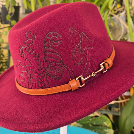 Hand burnt short brim fedora hat -- Gnome, mushroom & fern