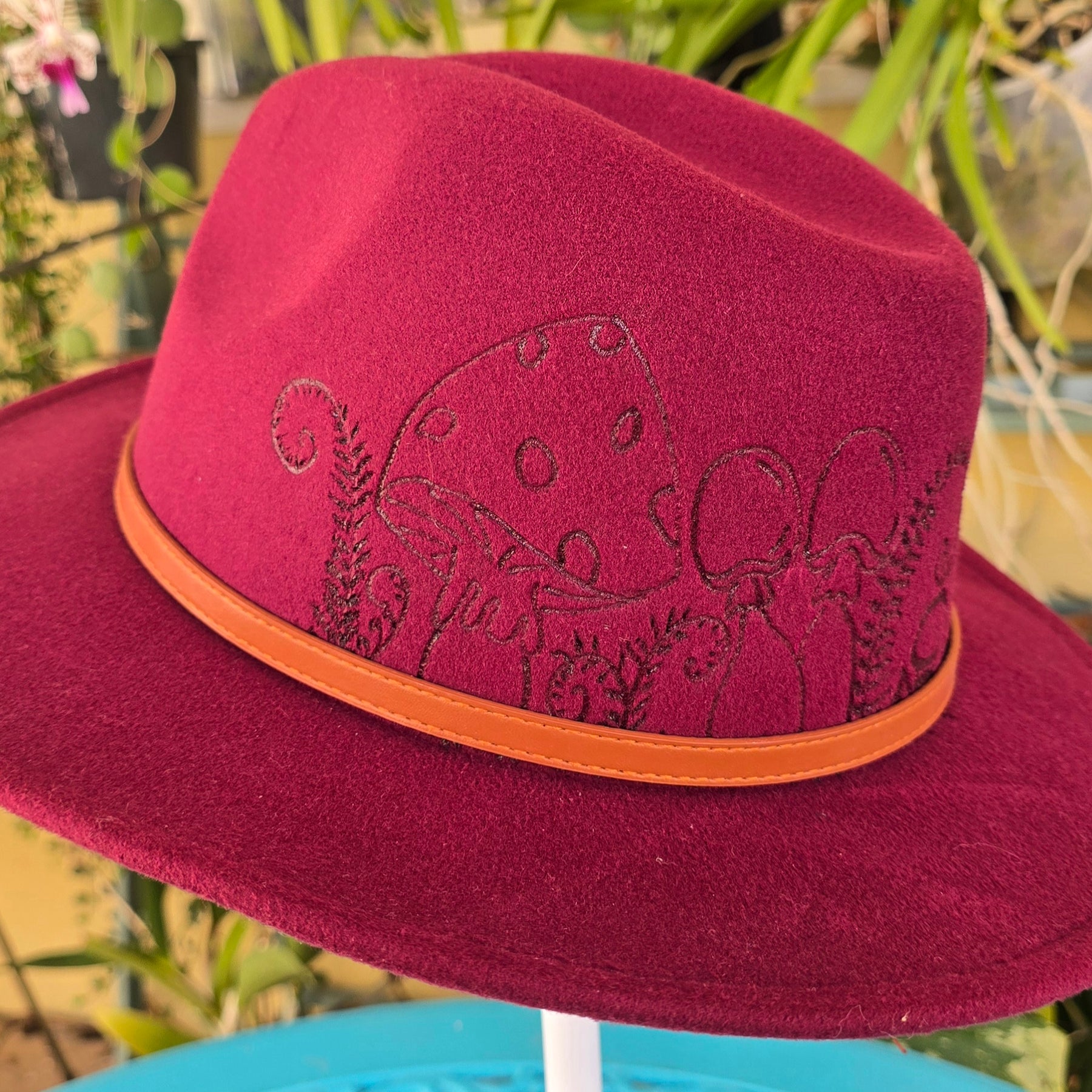 Hand burnt short brim fedora hat -- Gnome, mushroom & fern