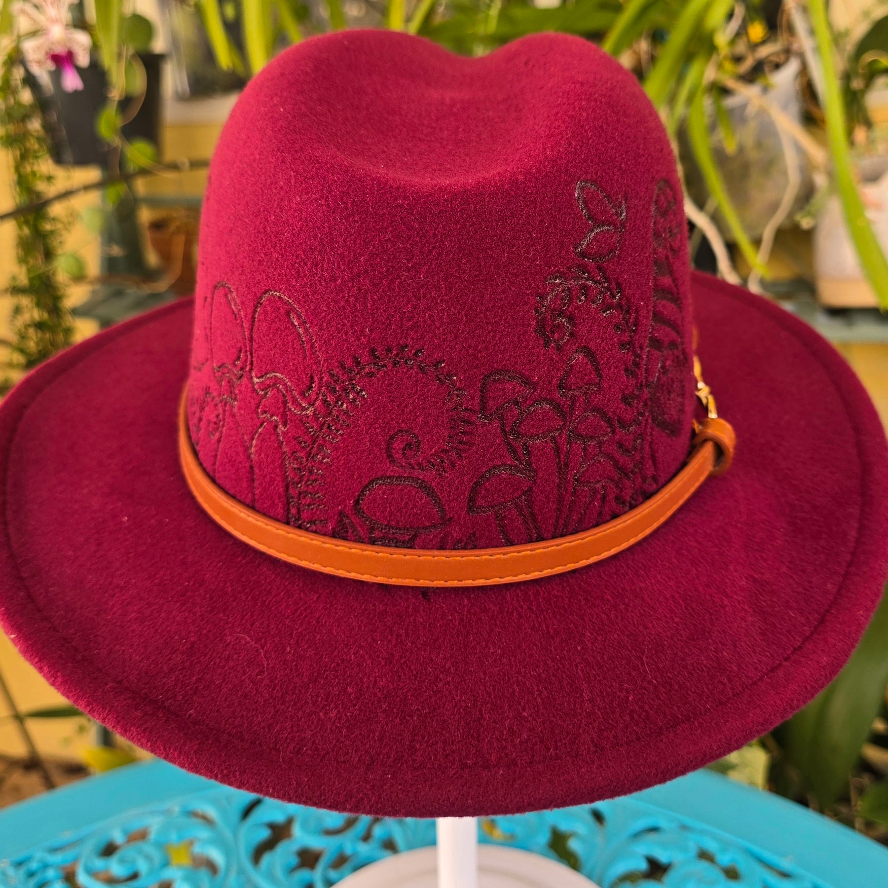 Hand burnt short brim fedora hat -- Gnome, mushroom & fern
