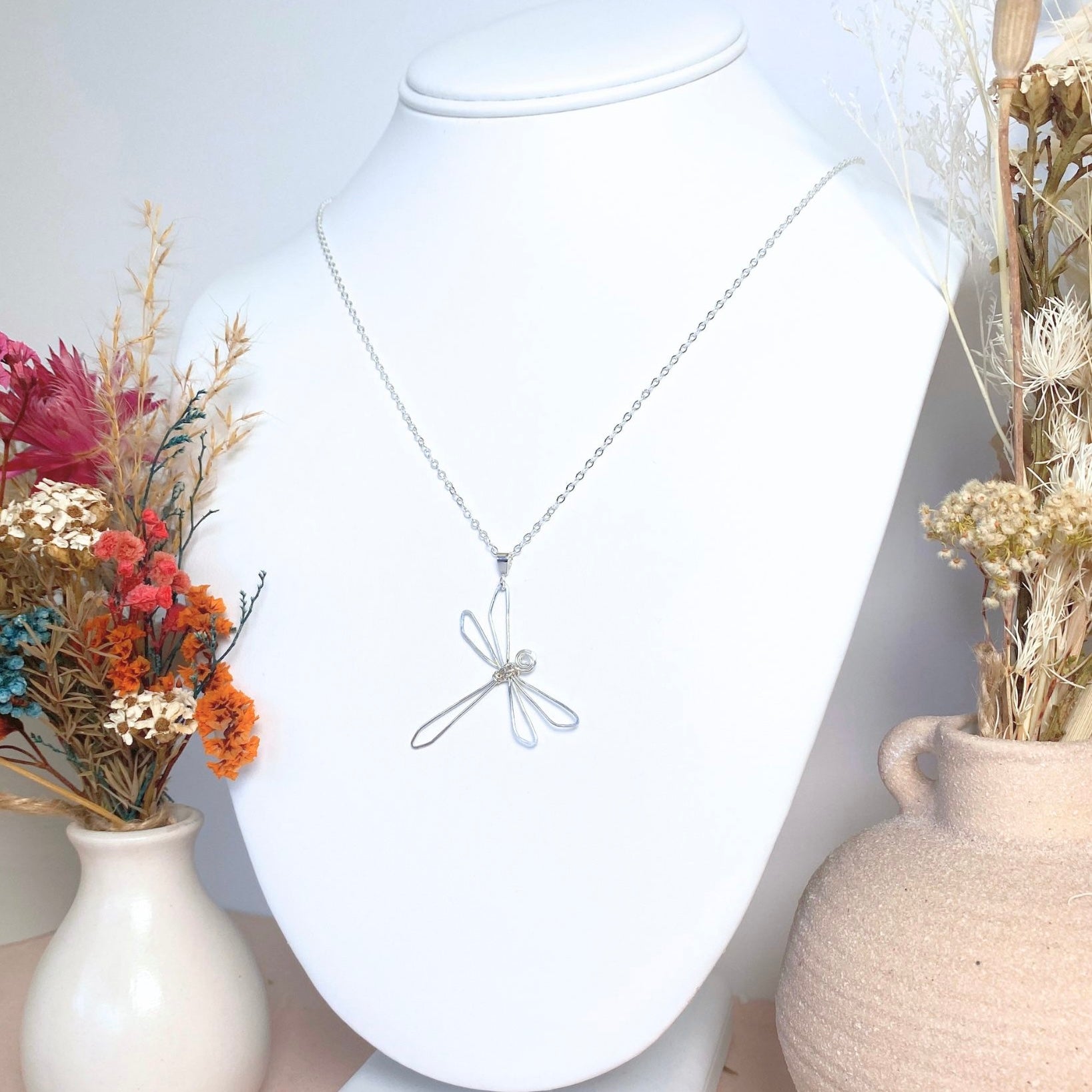 Dragonfly pendant necklace | Sterling silver wire | Cable link chain | Whimsical gift