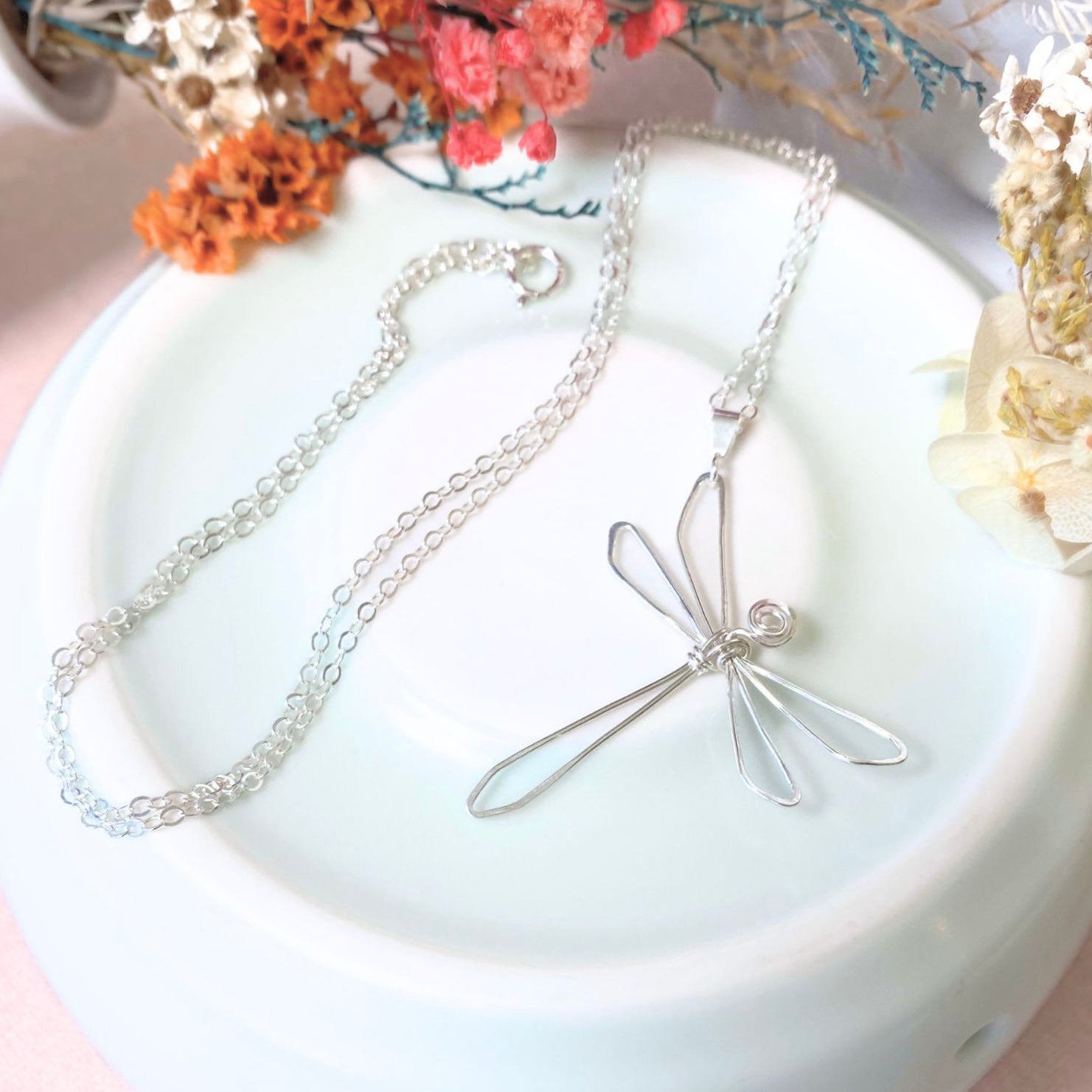 Dragonfly pendant necklace | Sterling silver wire | Cable link chain | Whimsical gift
