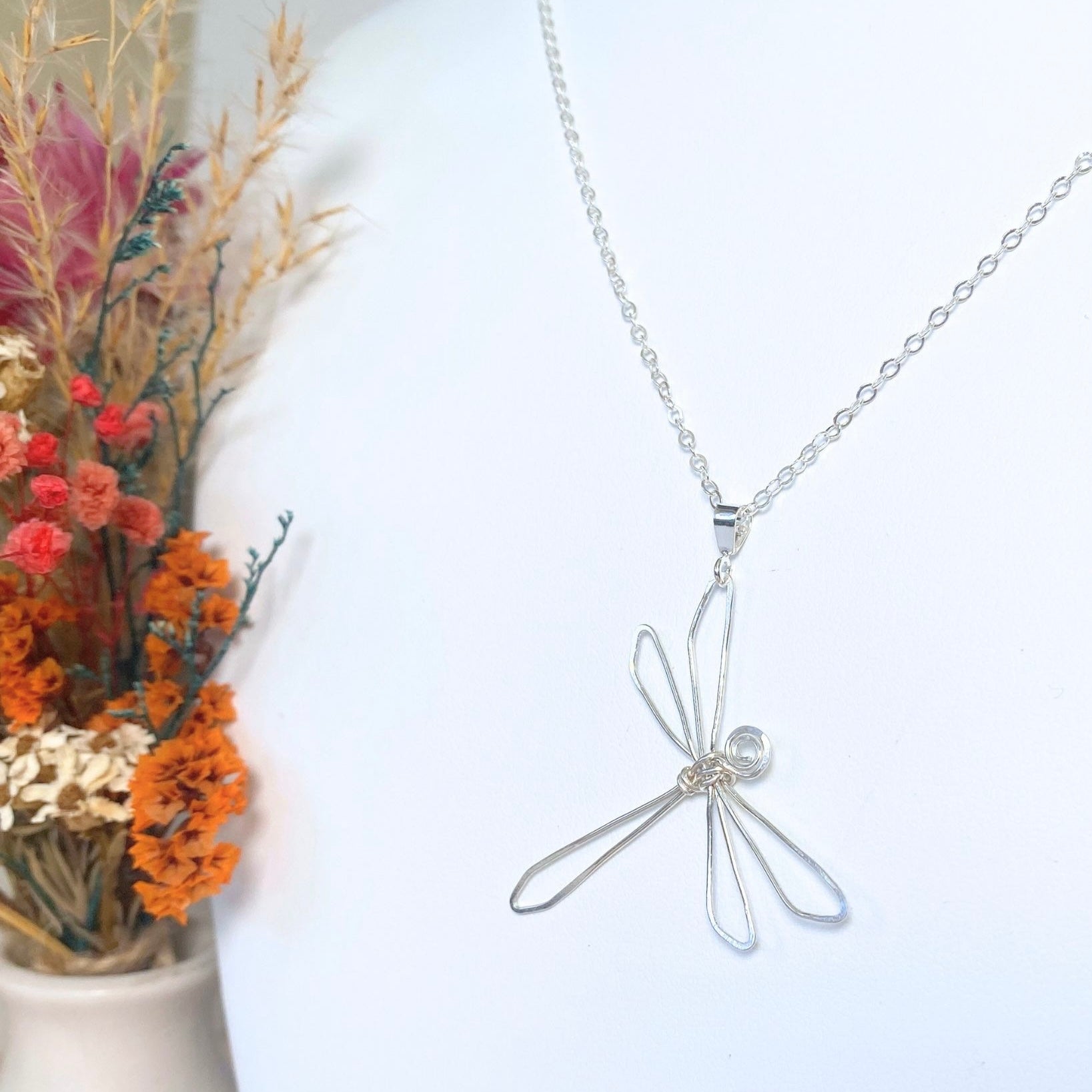 Dragonfly pendant necklace | Sterling silver wire | Cable link chain | Whimsical gift