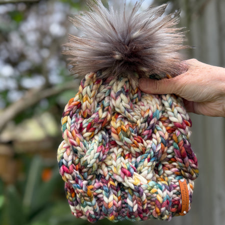 Hand knitted cable beanie, rainbow pompom ladies beanie
