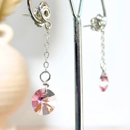 Light Rose crystal dangle earrings | Sterling silver | Stud with chain | Libra birthstone gift