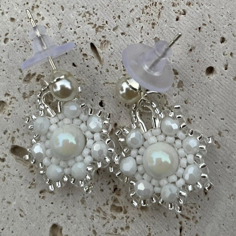 Silver pearl beaded snowflake Christmas Earrings