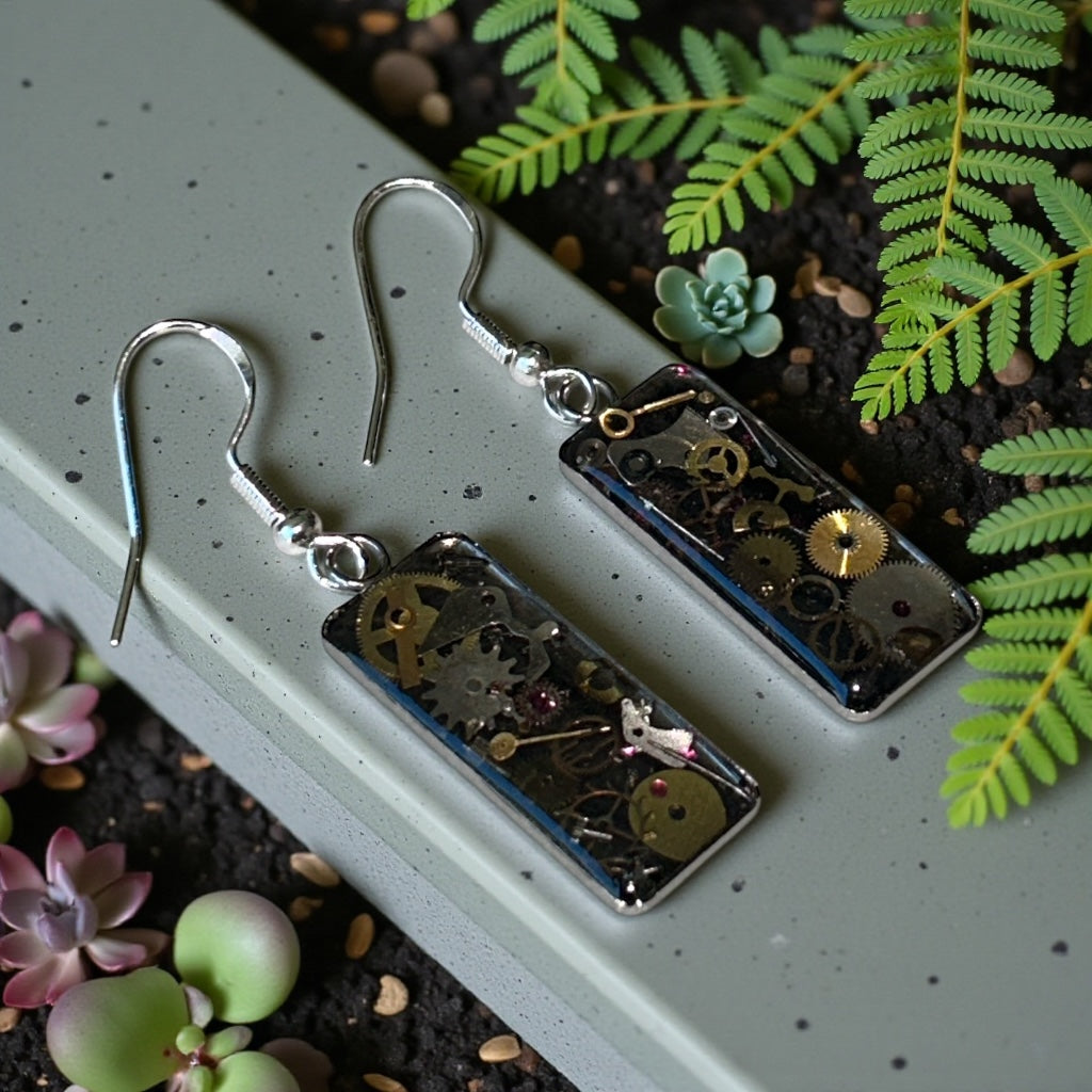 Steampunk watch parts rectangle earrings