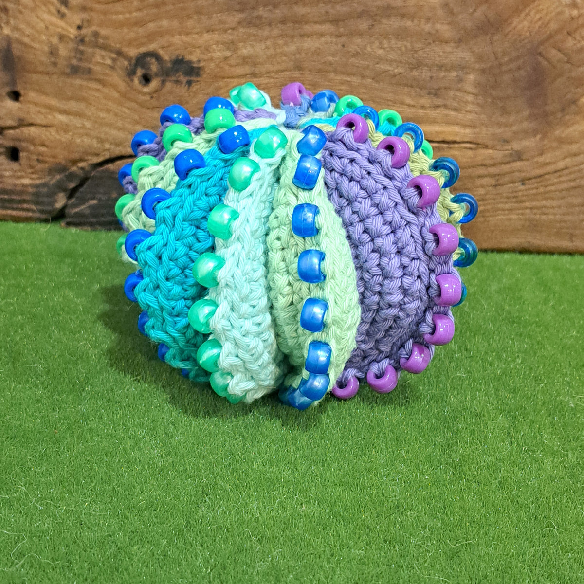Handmade Crochet fidget stress ball beaded blues and greens