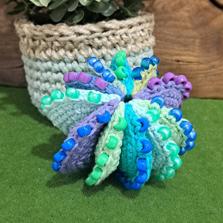 Handmade Crochet fidget stress ball beaded blues and greens