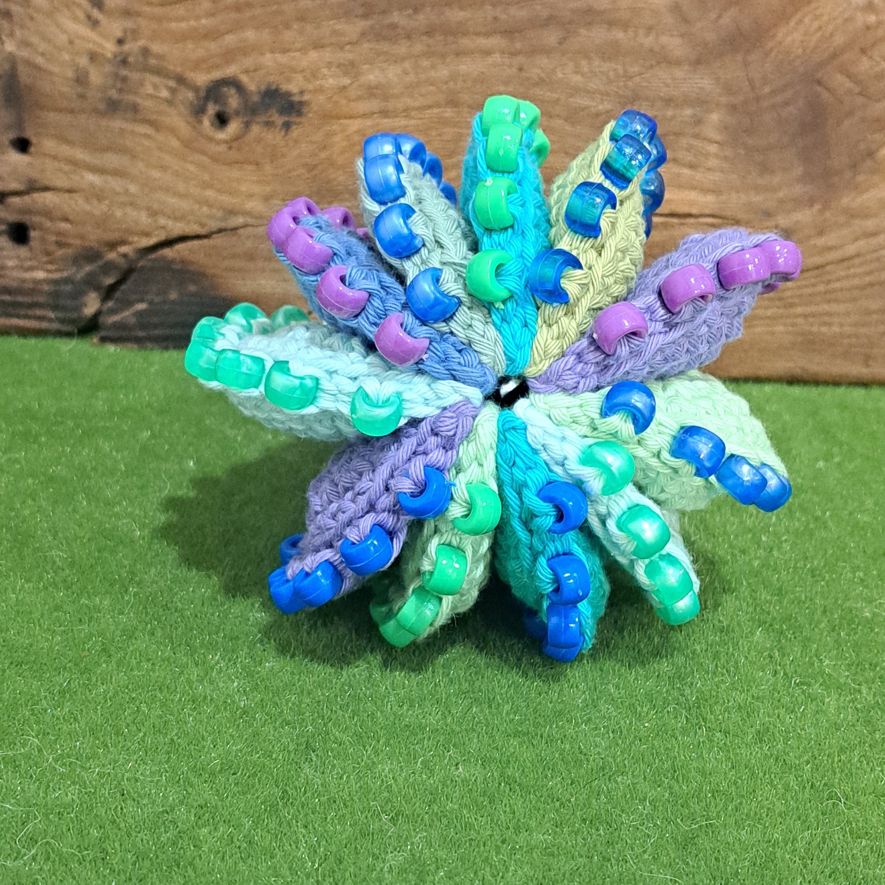 Handmade Crochet fidget stress ball beaded blues and greens