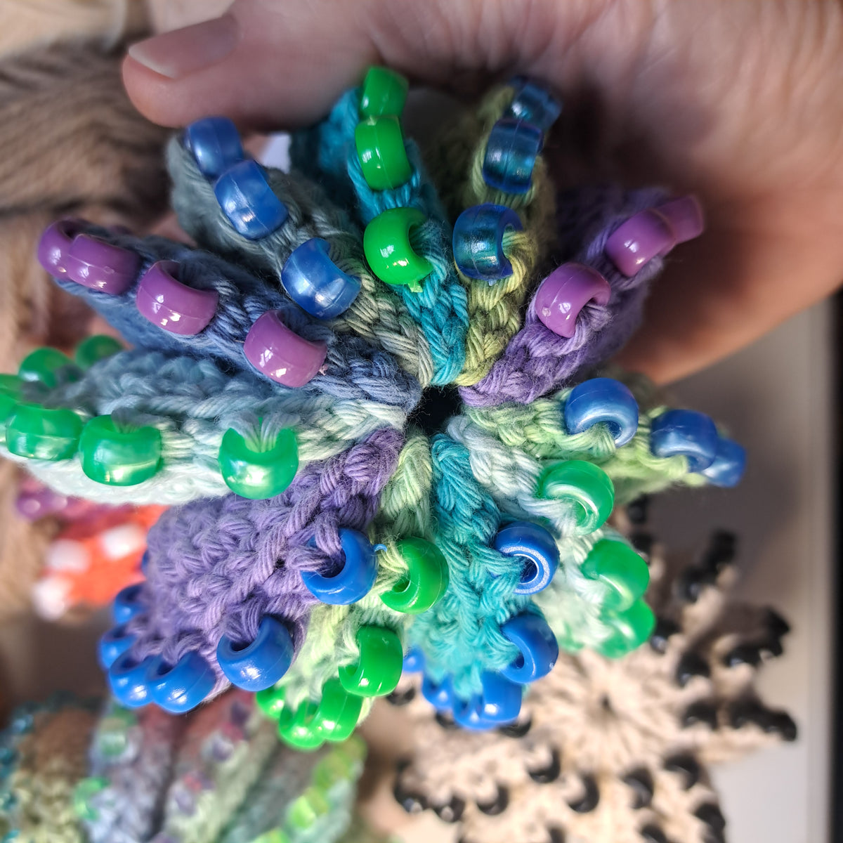 Handmade Crochet fidget stress ball beaded blues and greens
