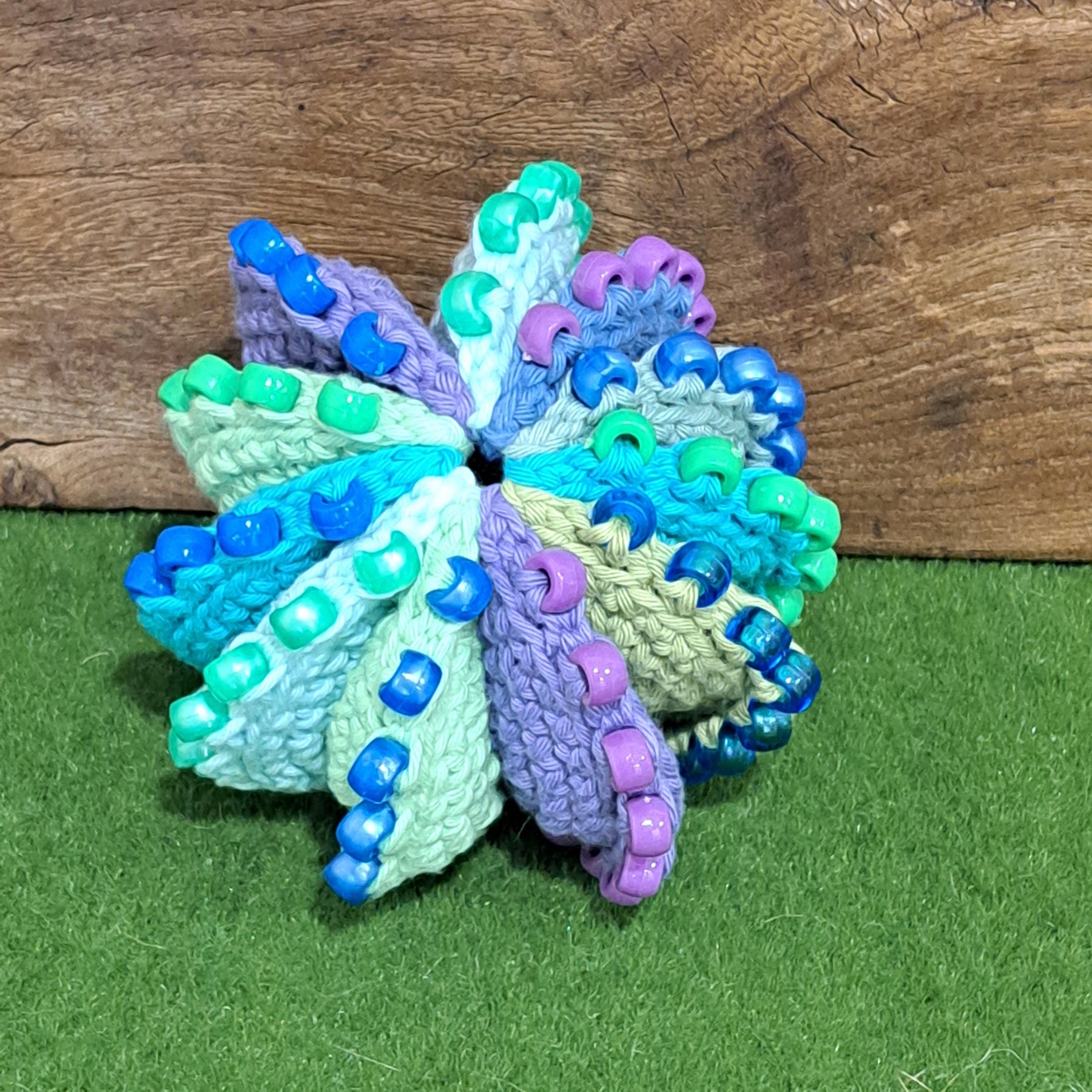 Handmade Crochet fidget stress ball beaded blues and greens
