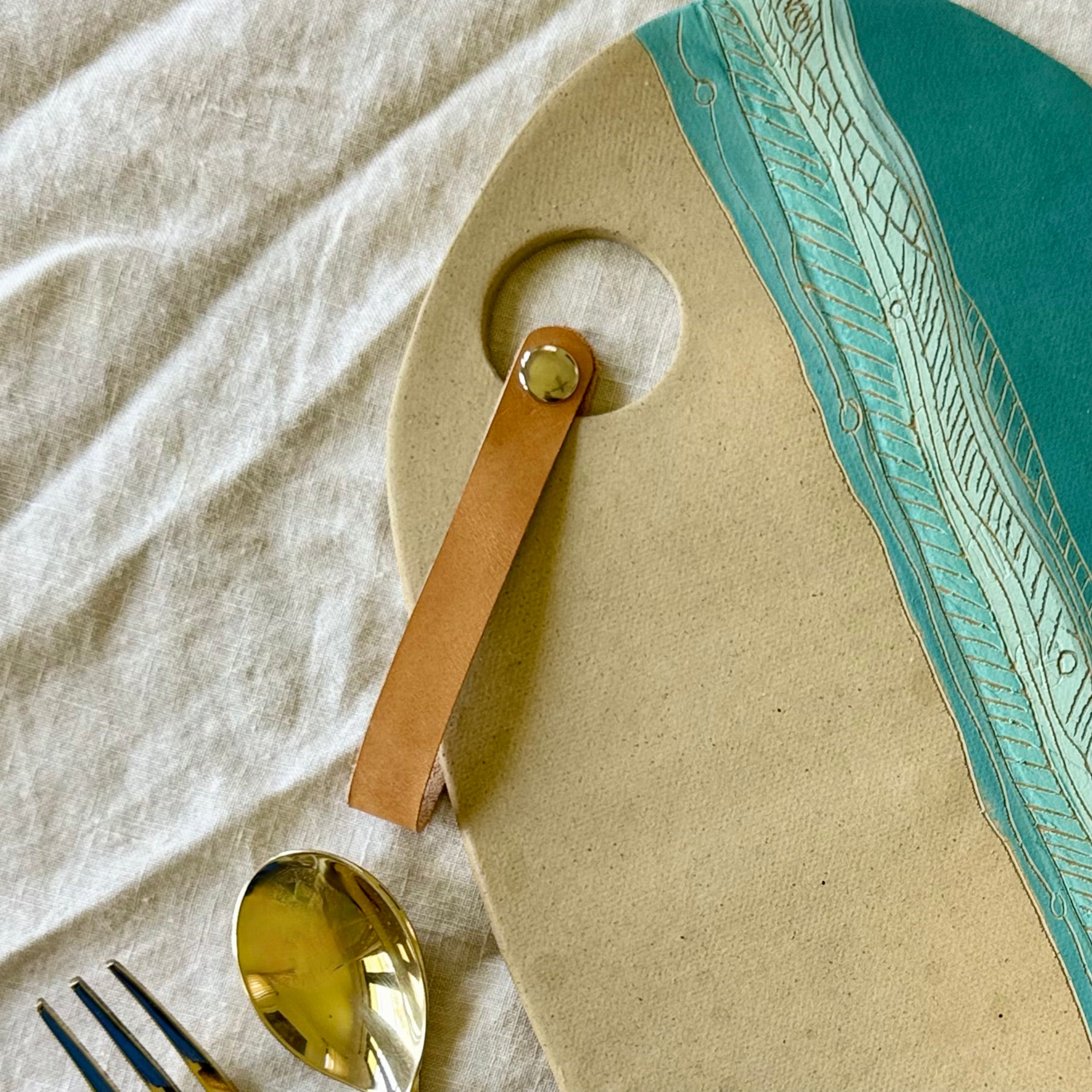 Handmade Ceramic Charcuterie Board + Leather Snap | Tides | Coastal Pottery