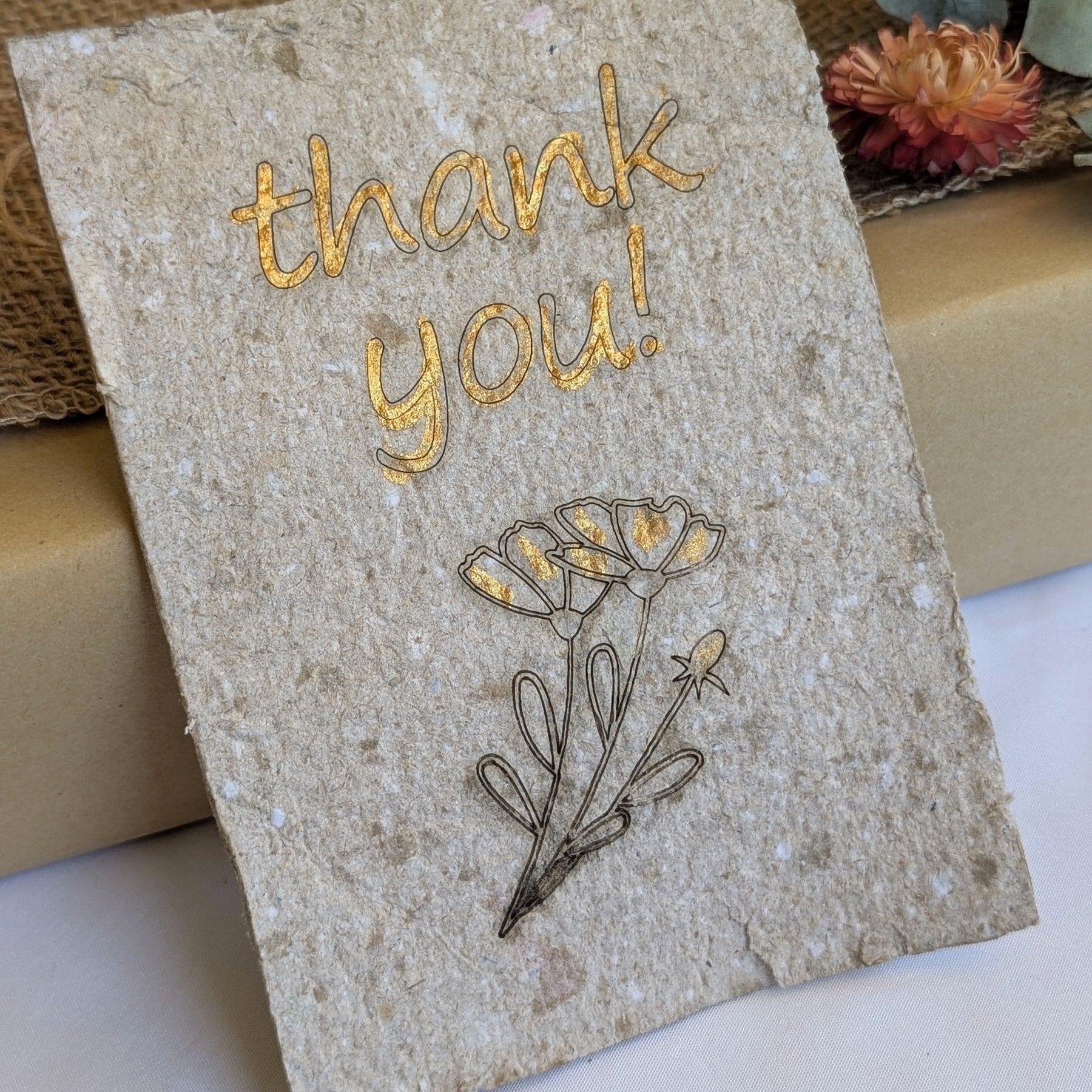 Handmade Recycled Paper Thank You Cards – Set of 5 | Engraved Botanical Keepsake Cards