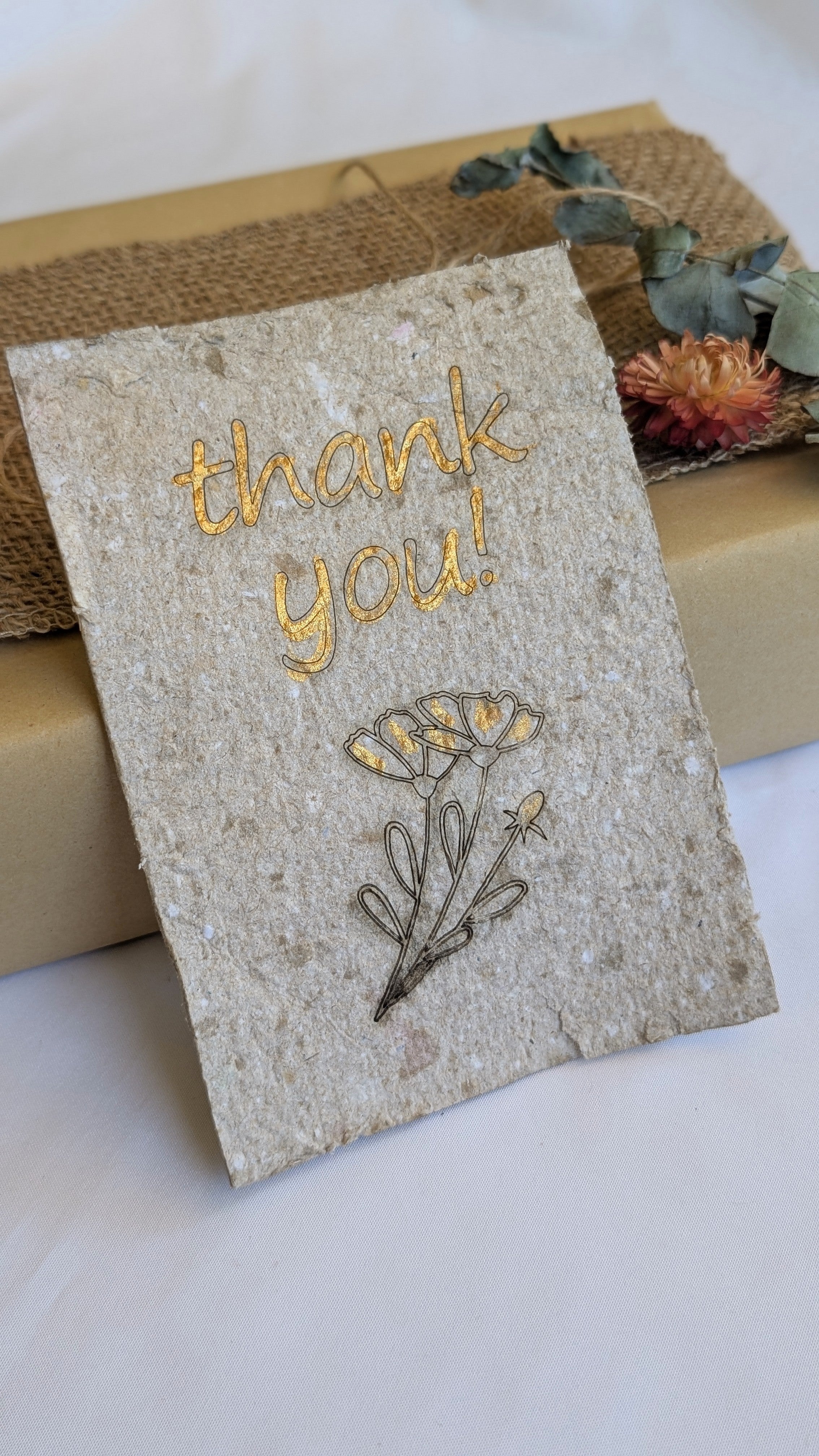 Handmade Recycled Paper Thank You Cards – Set of 5 | Engraved Botanical Keepsake Cards