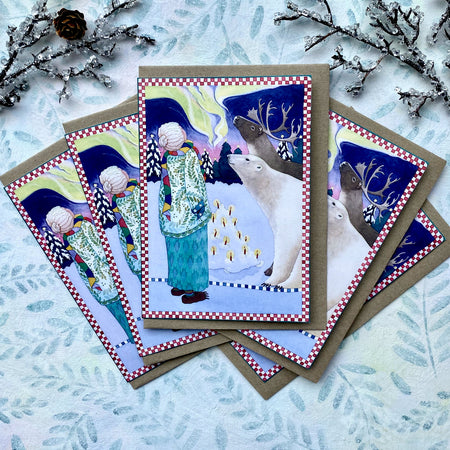 5 Mrs Santa, Polar Bear and Caribou Cards (xp-claw)
