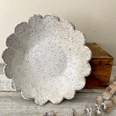 Ceramic Bowl - Flower Design - White & Rustic