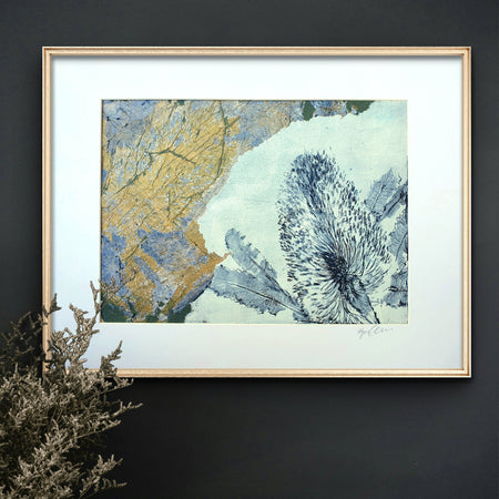 Banksia White and Blue collage | Mixed media monoprint on paper | Original artwork | A4