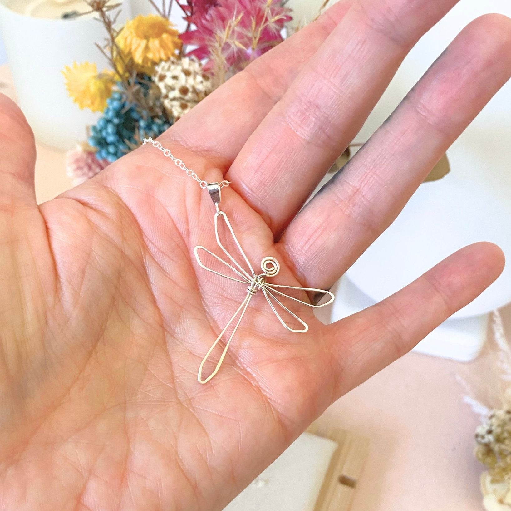 Dragonfly pendant necklace | Sterling silver wire | Cable link chain | Whimsical gift