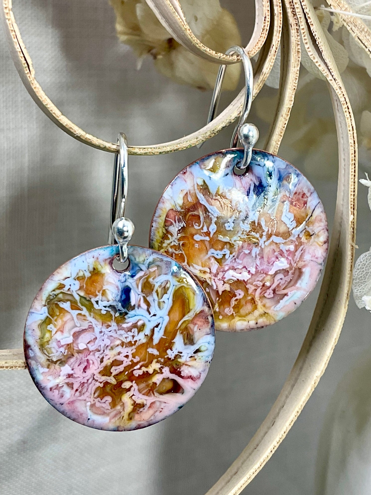 Pink and blue swirl. Enamel earrings. Handmade