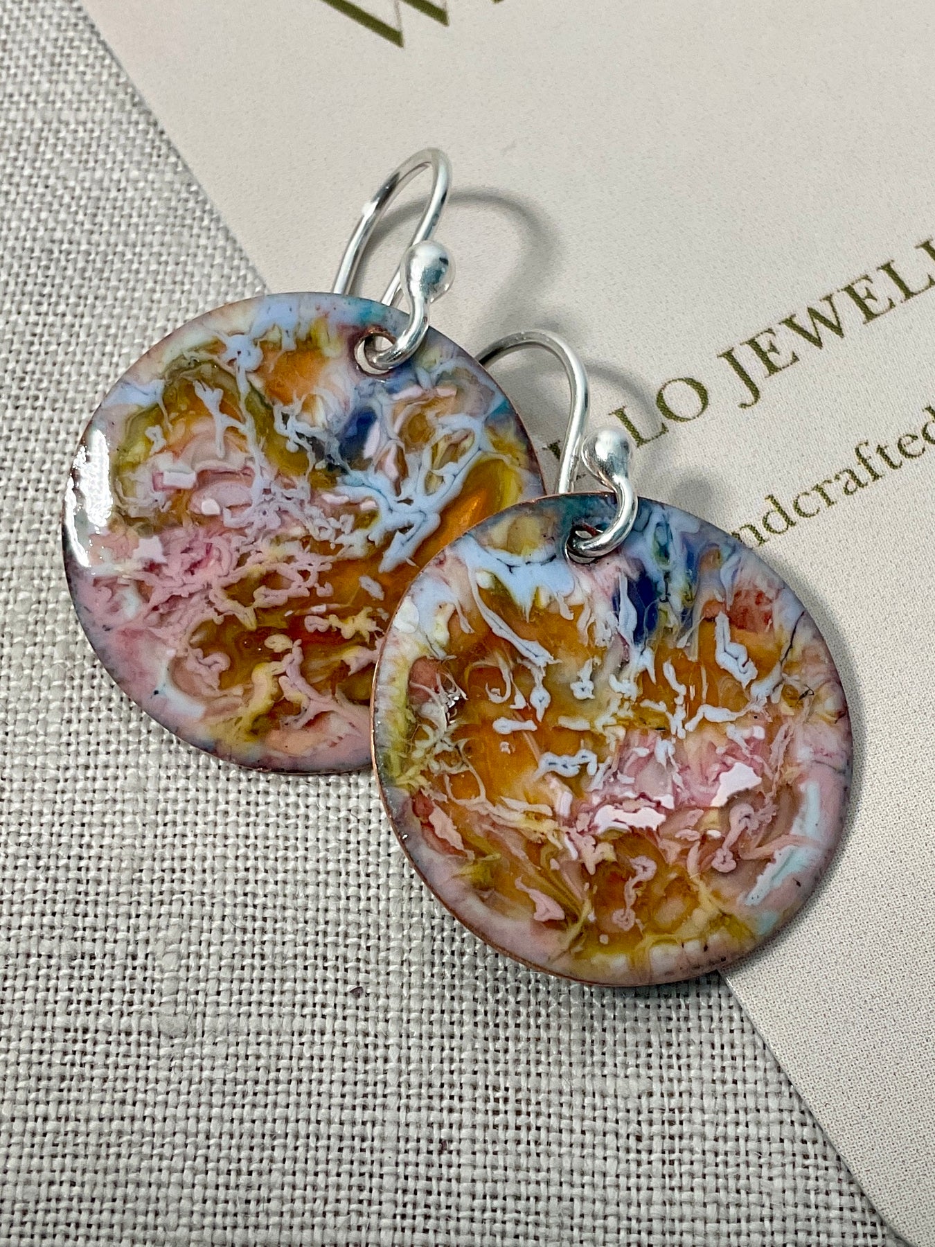 Pink and blue swirl. Enamel earrings. Handmade