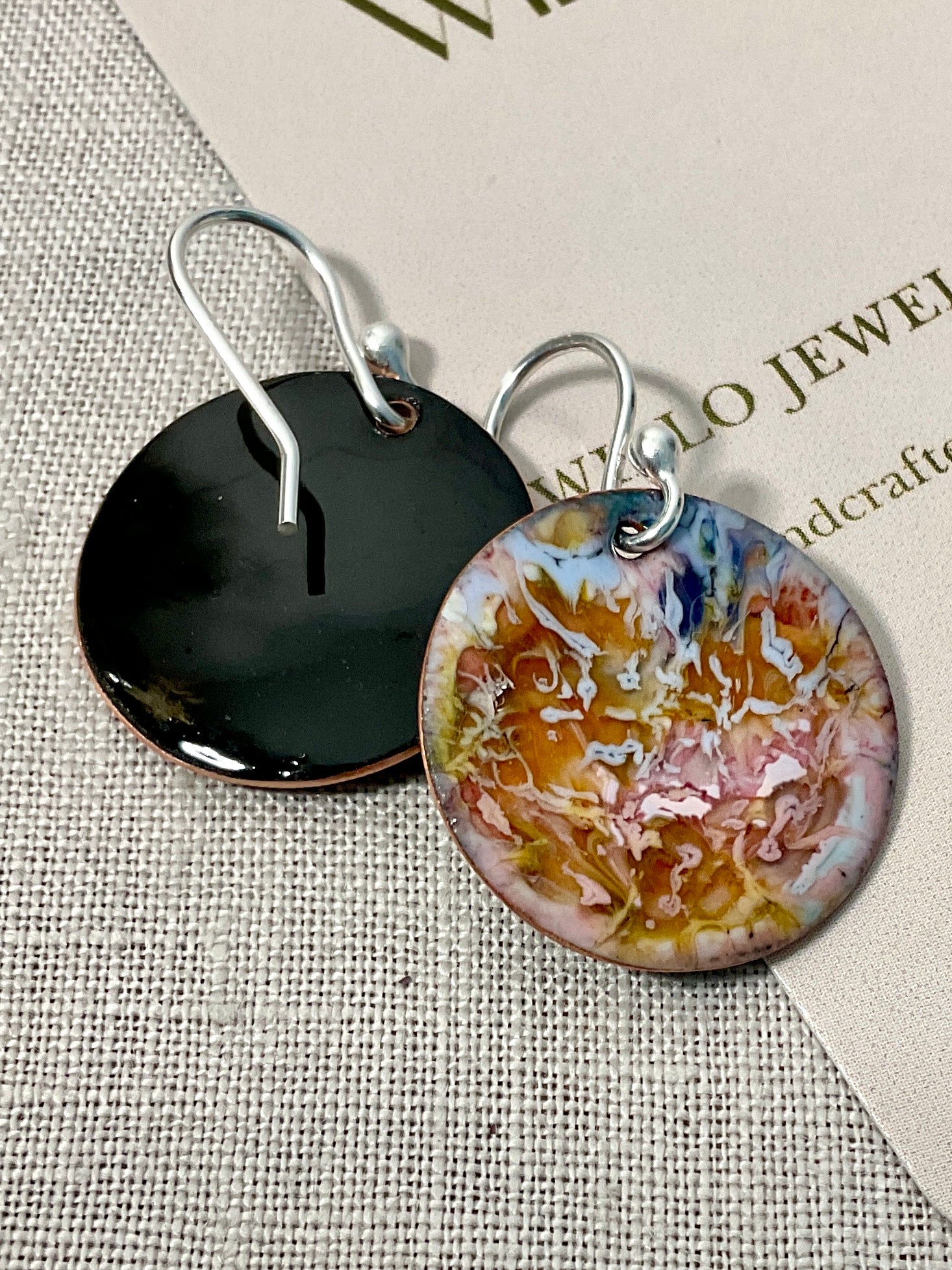 Pink and blue swirl. Enamel earrings. Handmade