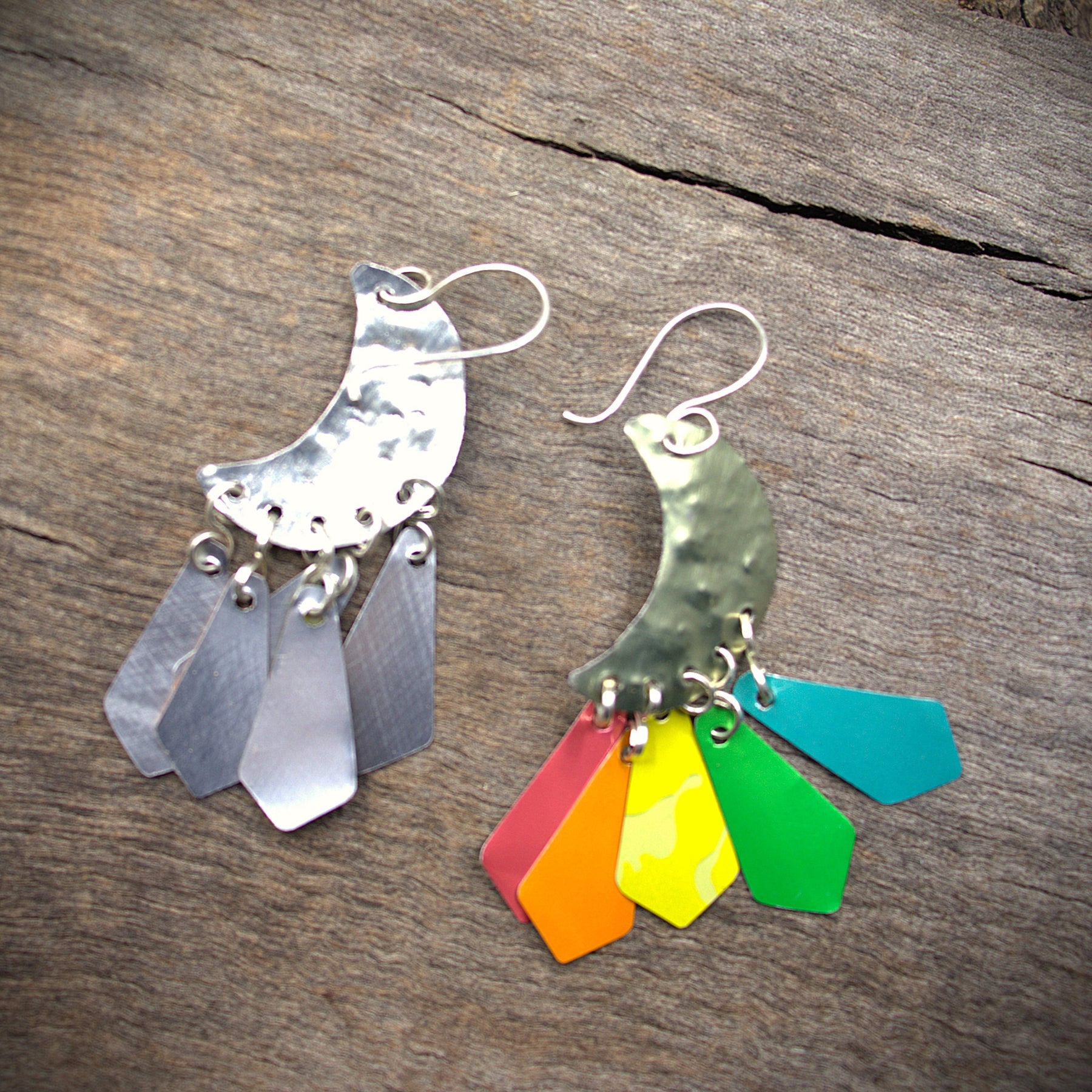 Rainbow Moon Earrings - upcycled materials