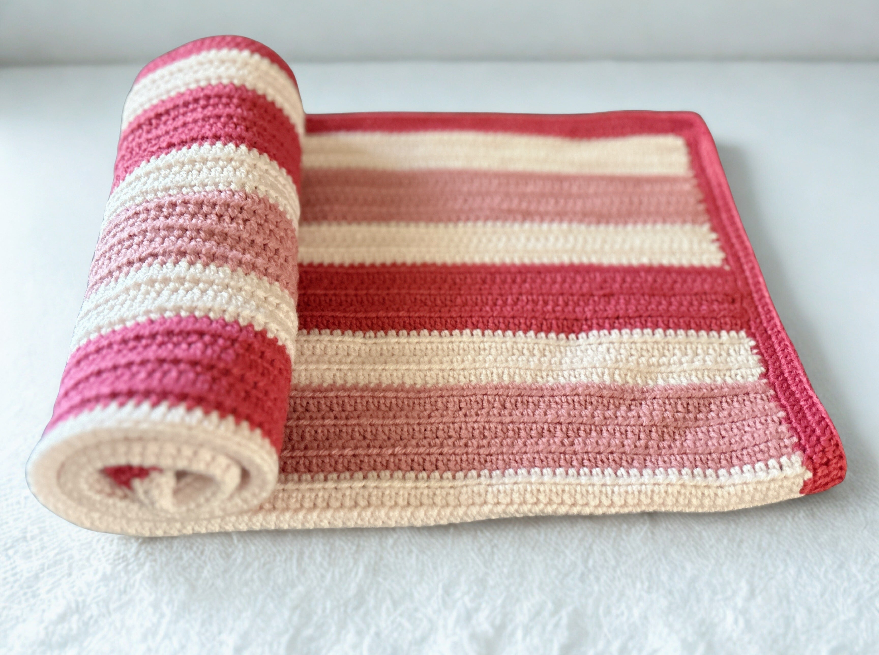 Handmade Crochet Baby Blanket – Pink & Cream Striped Baby Blanket, Soft Newborn Gift
