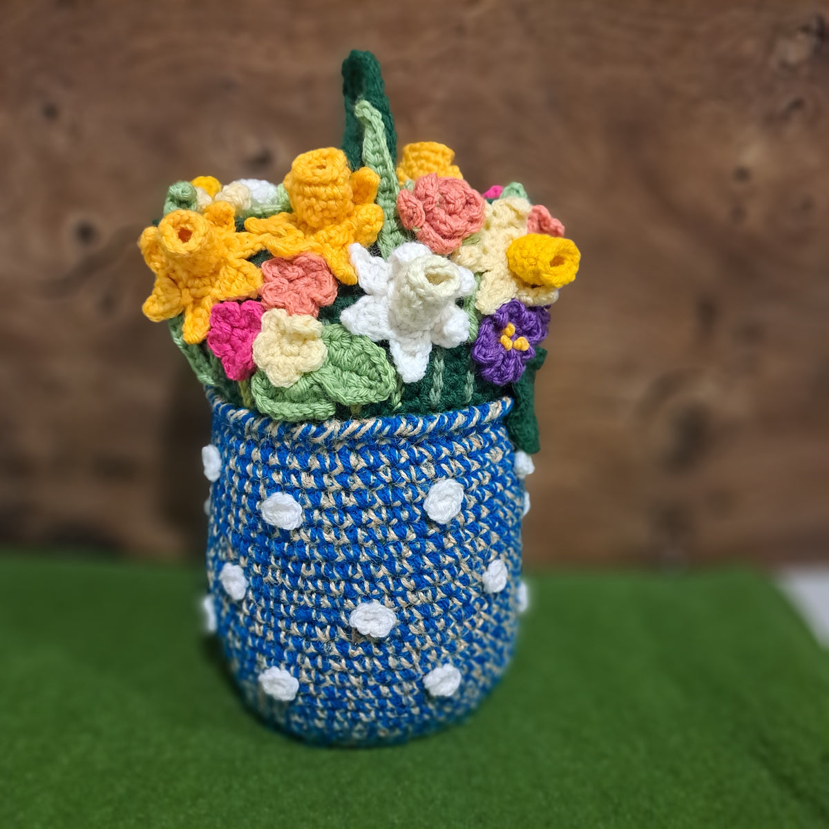Handmade Crochet flower vase doorstop, rustic jute, cotton, wool spring flowers blue vase