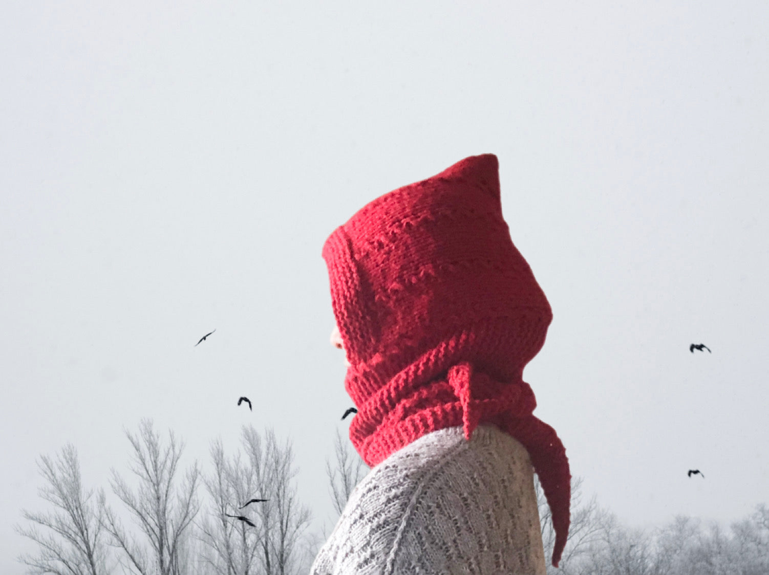 Hand knit Hood Scarf for Junior / Adult Small -Red Hat Balaclava