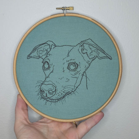 Hand sewn monochrome embroidery, Italian Greyhound in 7