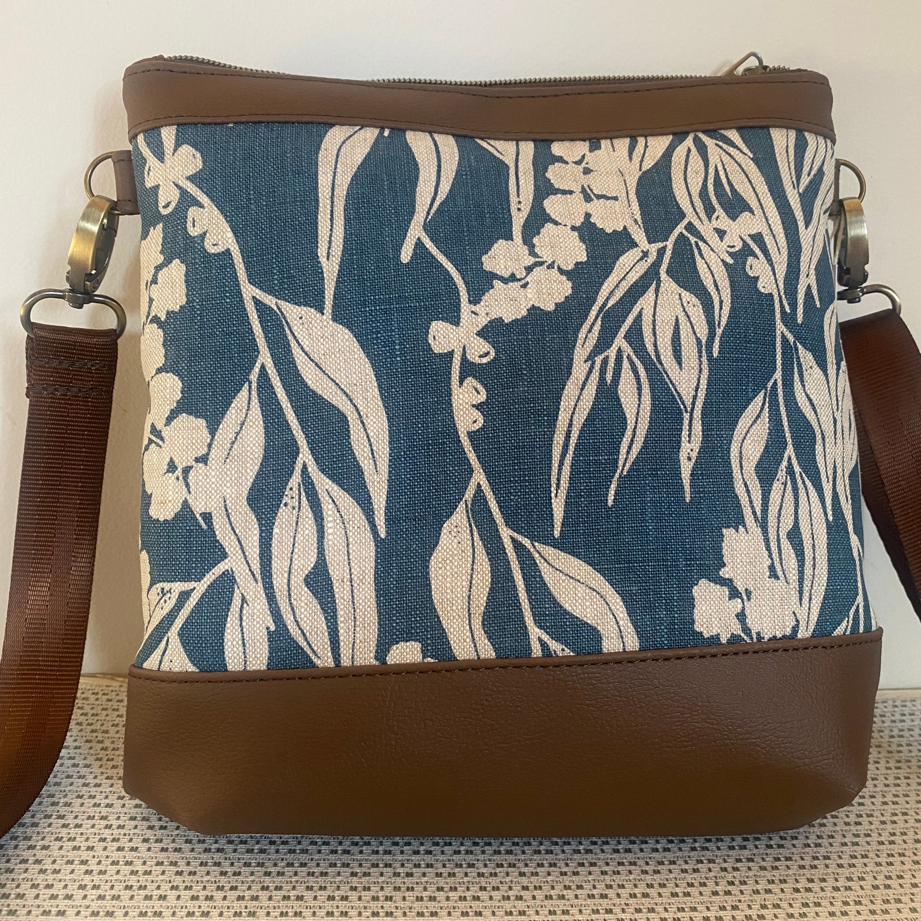 Mia Crossbody Bag - Blue Gum Leaves Screen Printed Linen with Dark Brown Faux Leather