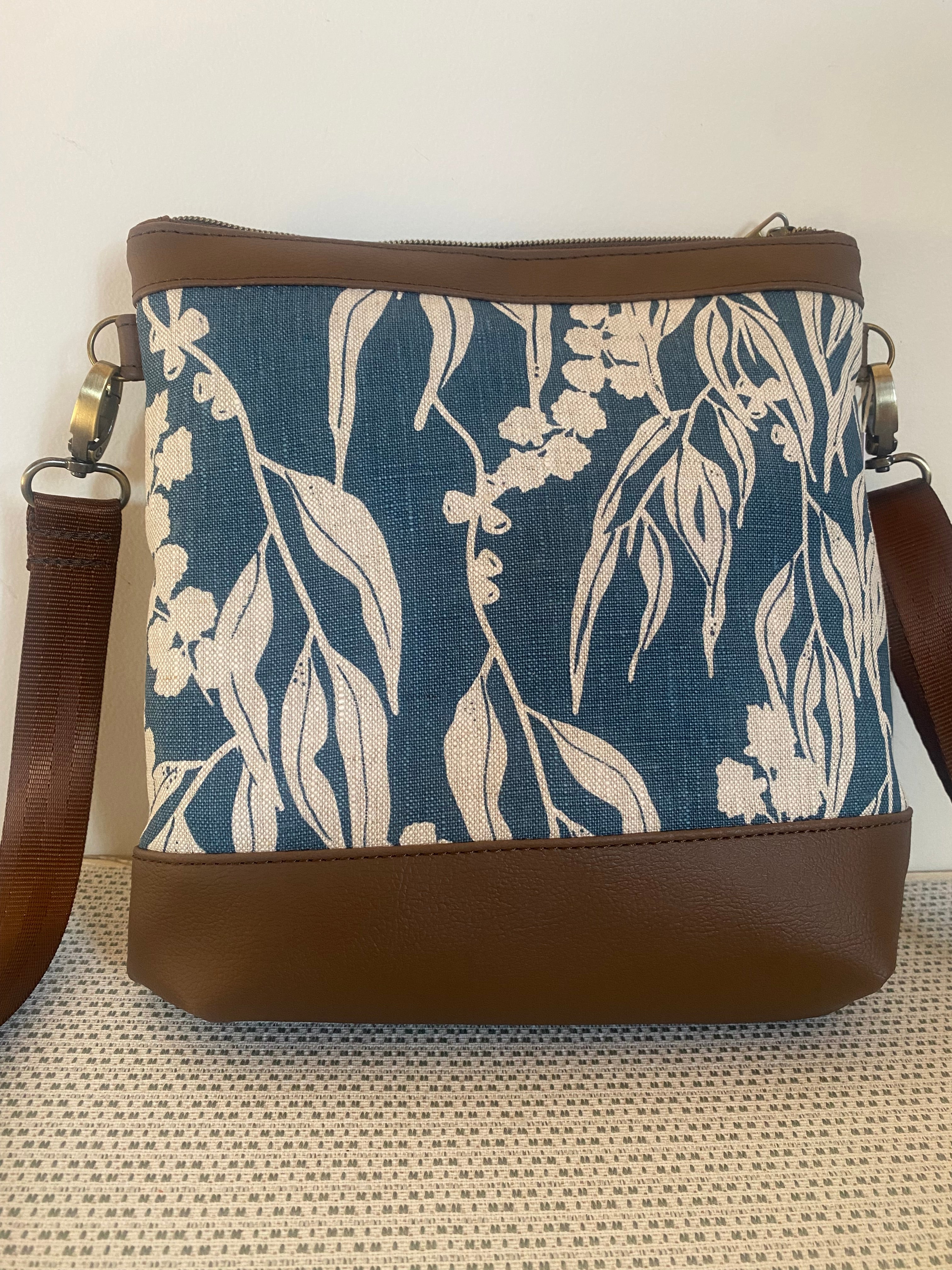 Mia Crossbody Bag - Blue Gum Leaves Screen Printed Linen with Dark Brown Faux Leather