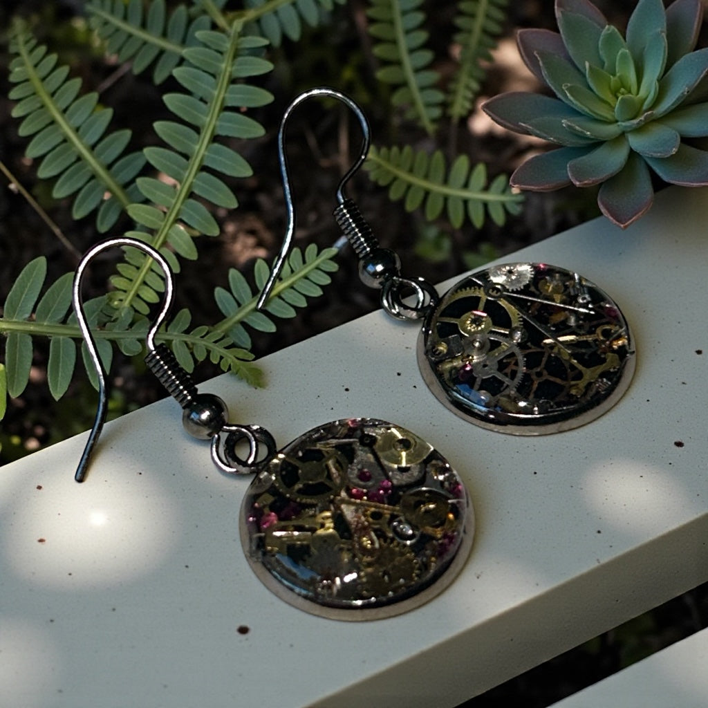 Steampunk watch parts dangle earrings (black)