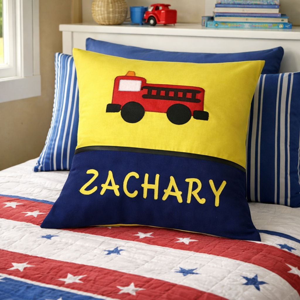 Personalised Kids Cushion | Custom Name Pillow | Handmade Applique Cushion | Nursery Decor - Fire Engine