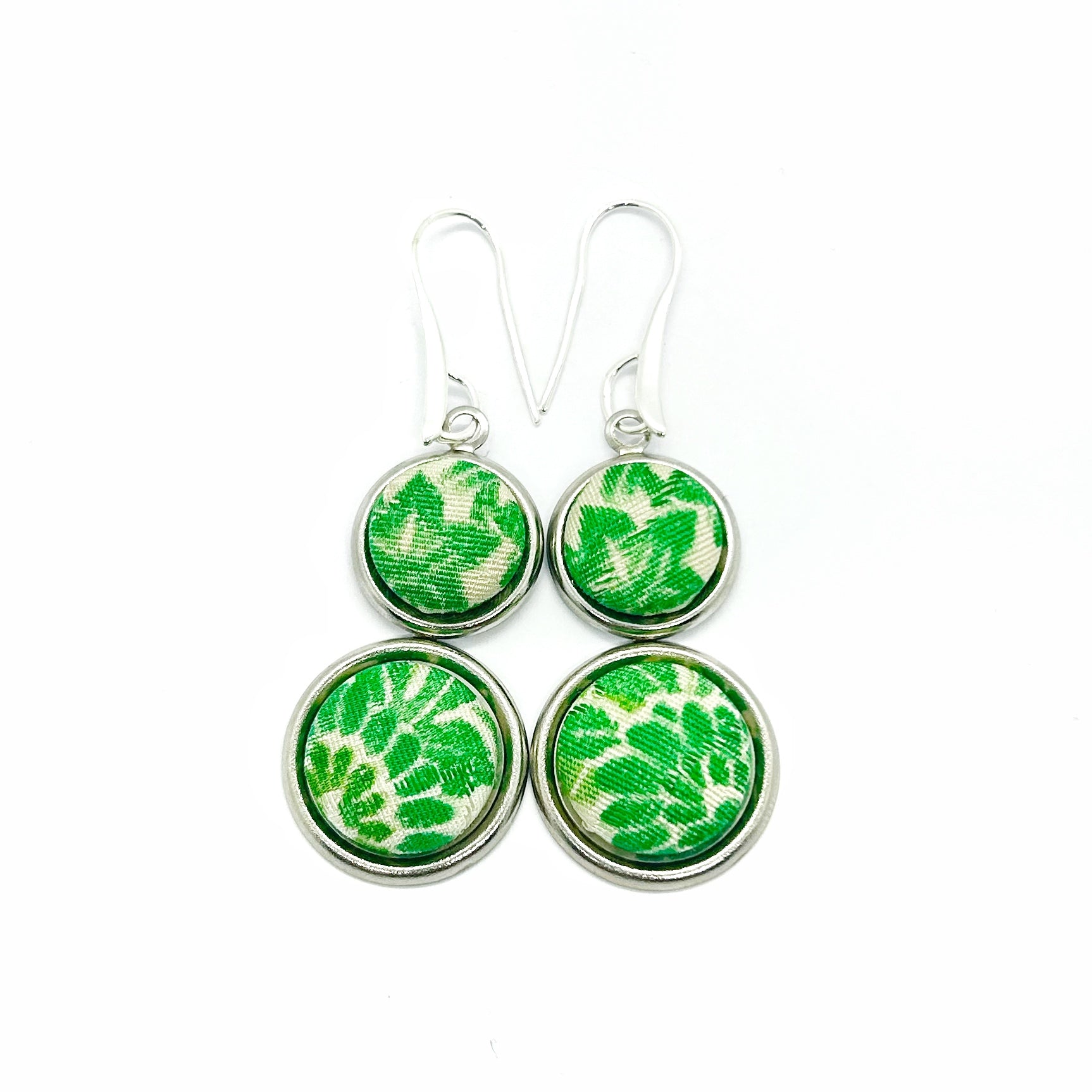 Double Drop Kimono Fabric Button Earrings - Green Maple