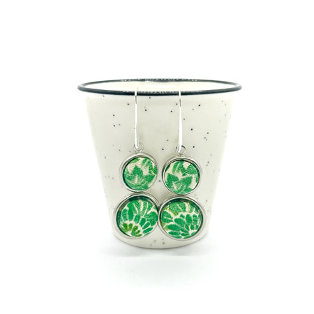 Double Drop Kimono Fabric Button Earrings - Green Maple