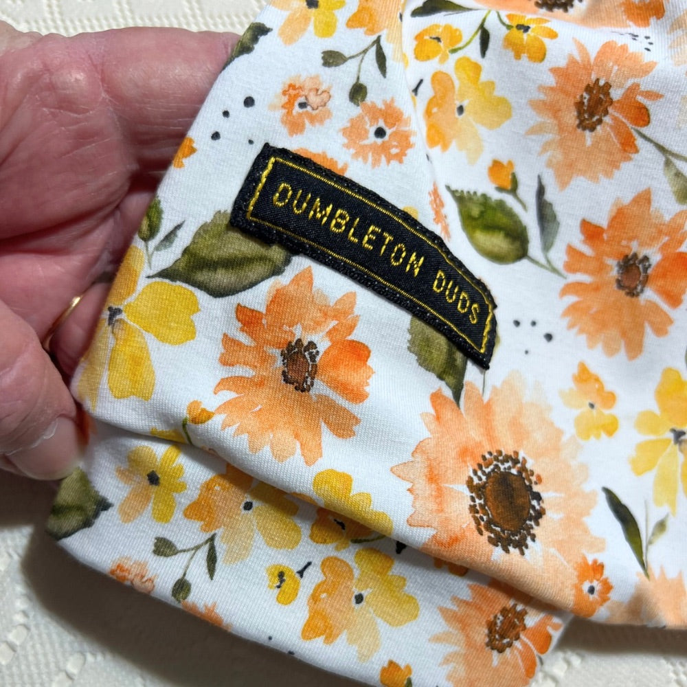 Sunflowers in Apricot | Sizes 000, 00, 0, 1 | Handmade Baby Pants by Dumbleton Duds | FREE Postage $50+