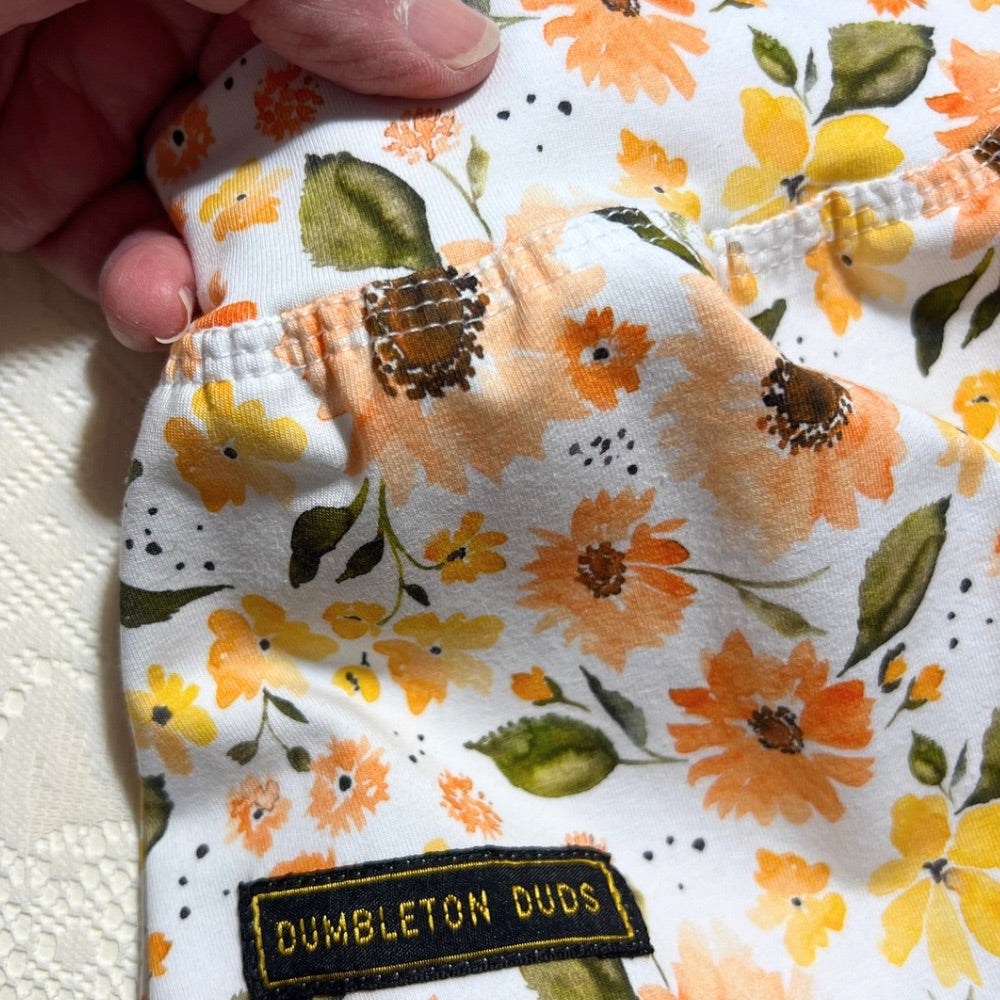 Sunflowers in Apricot | Sizes 000, 00, 0, 1 | Handmade Baby Pants by Dumbleton Duds | FREE Postage $50+