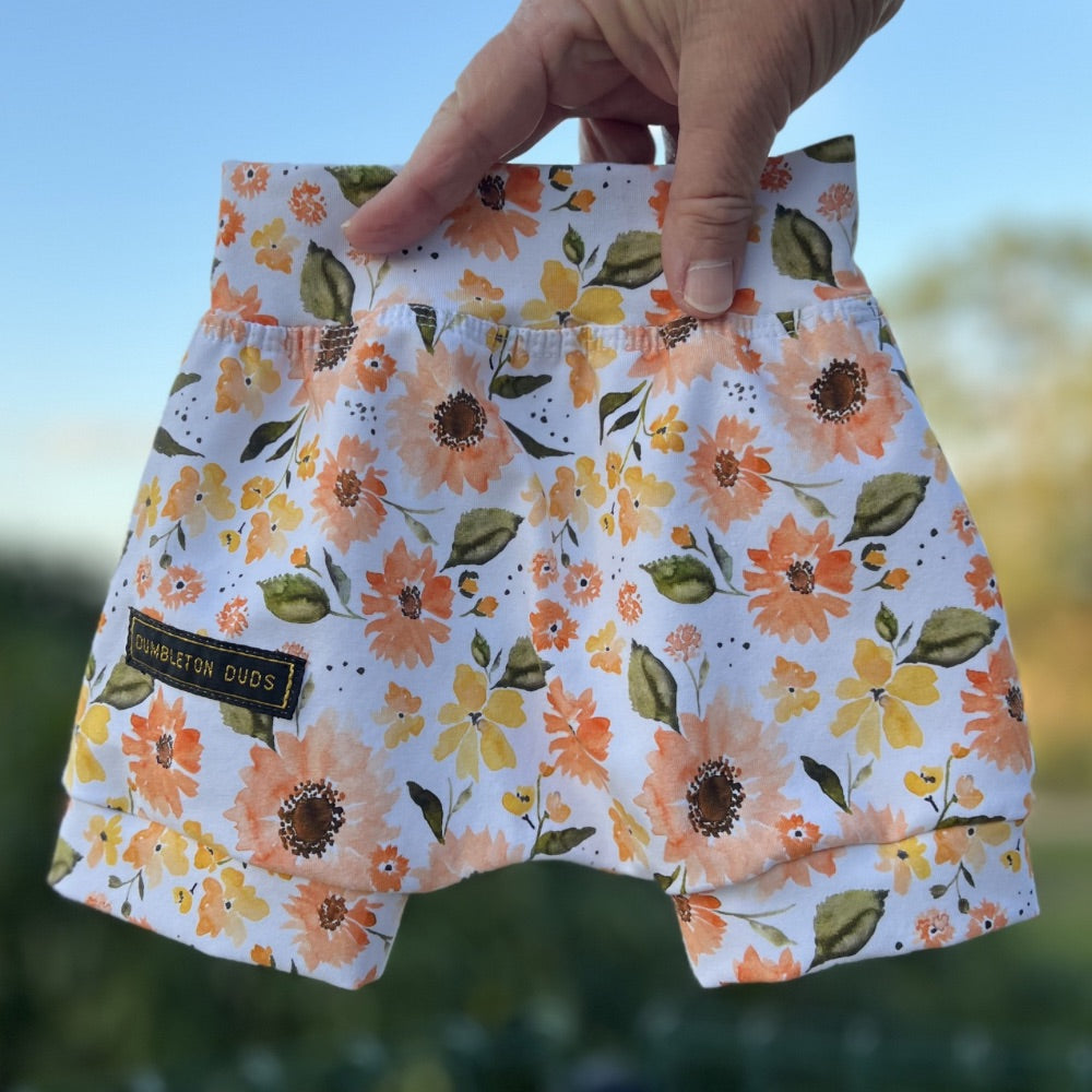 Sunflowers in Apricot | Sizes 000, 00, 0, 1 | Handmade Baby Pants by Dumbleton Duds | FREE Postage $50+