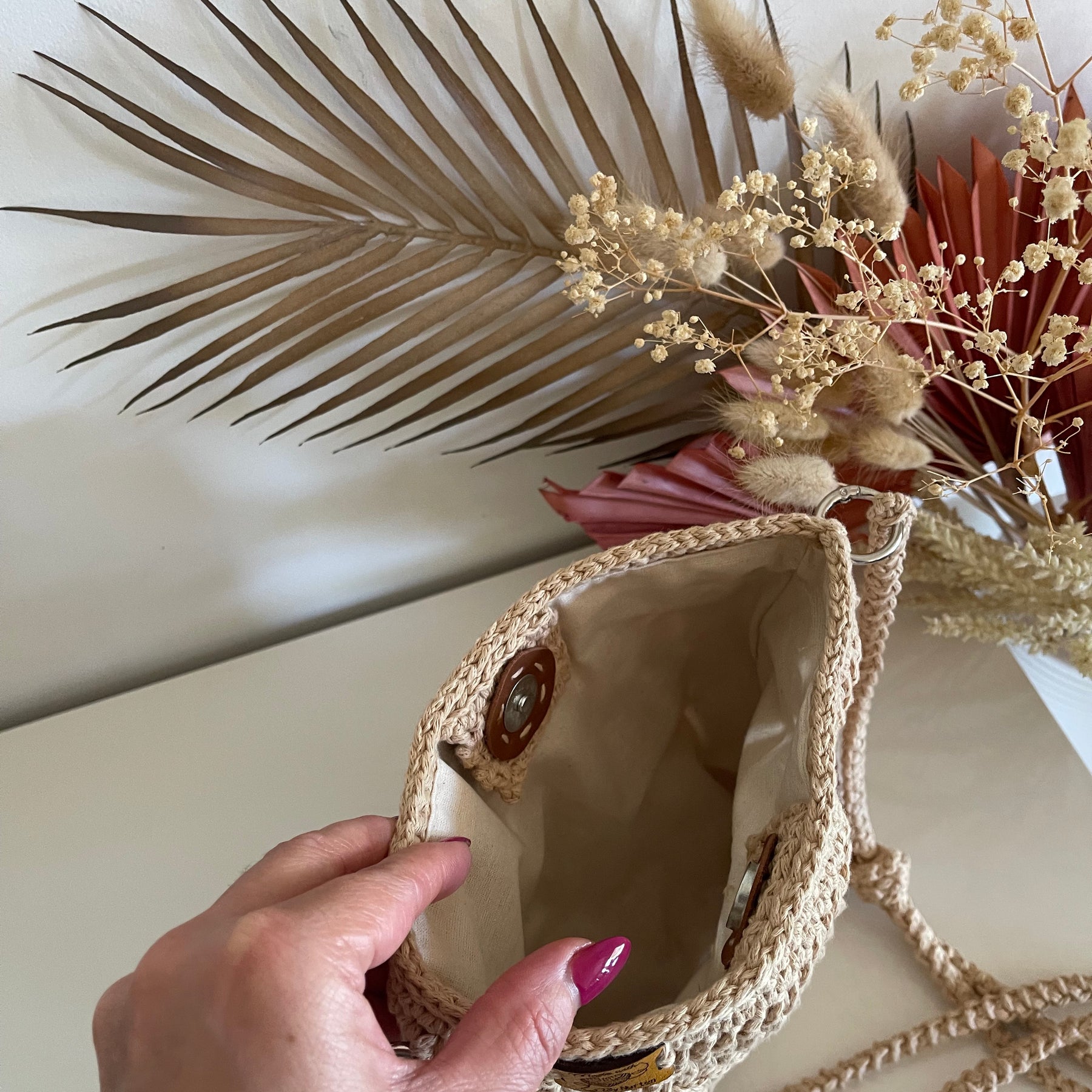 Handmade Crochet Crossbody Bag - Beige Boho Shoulder Bag, Fully Lined