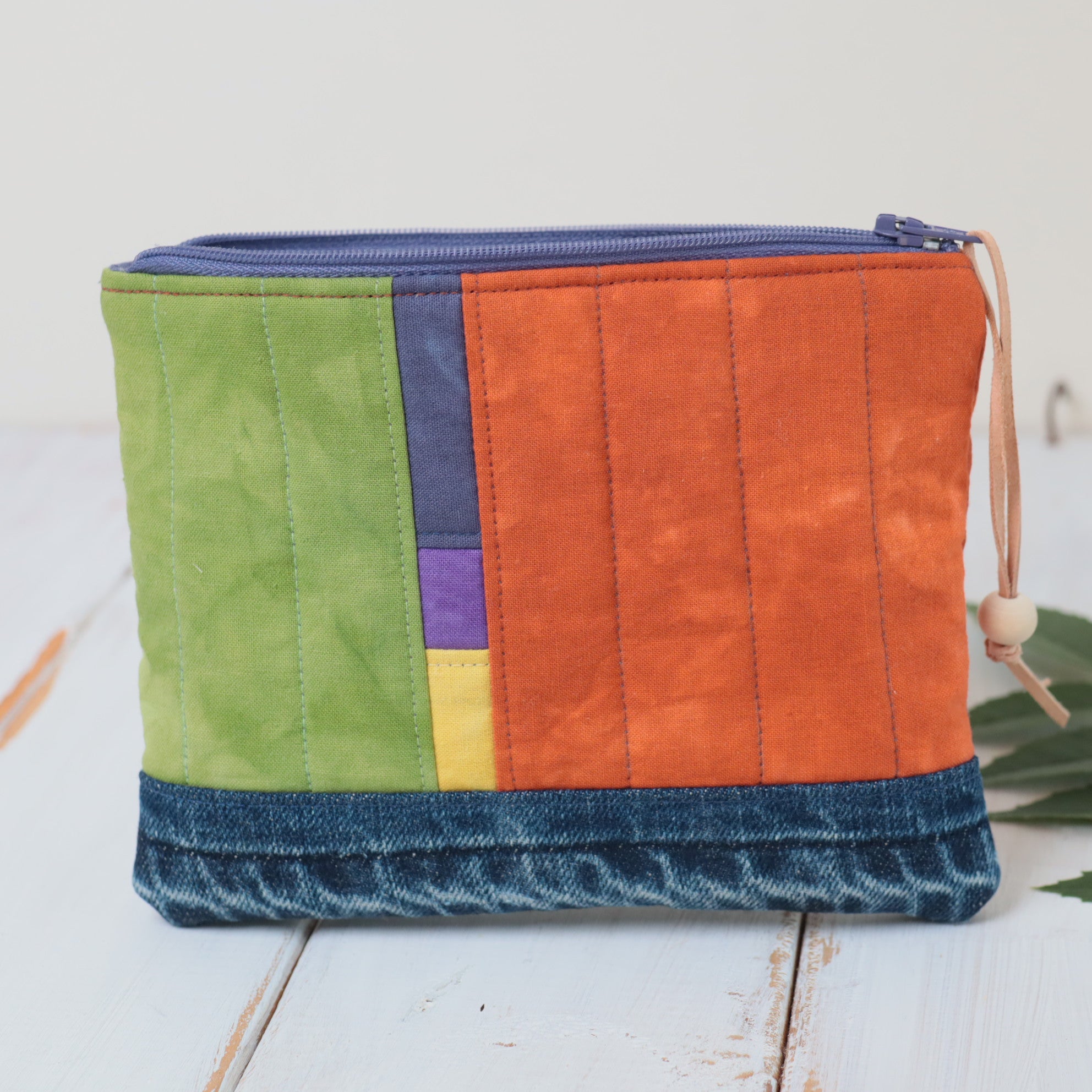 Hand Dyed Zipper Pouch, Makeup Bag, Sewing Pouch. Green and Ochre