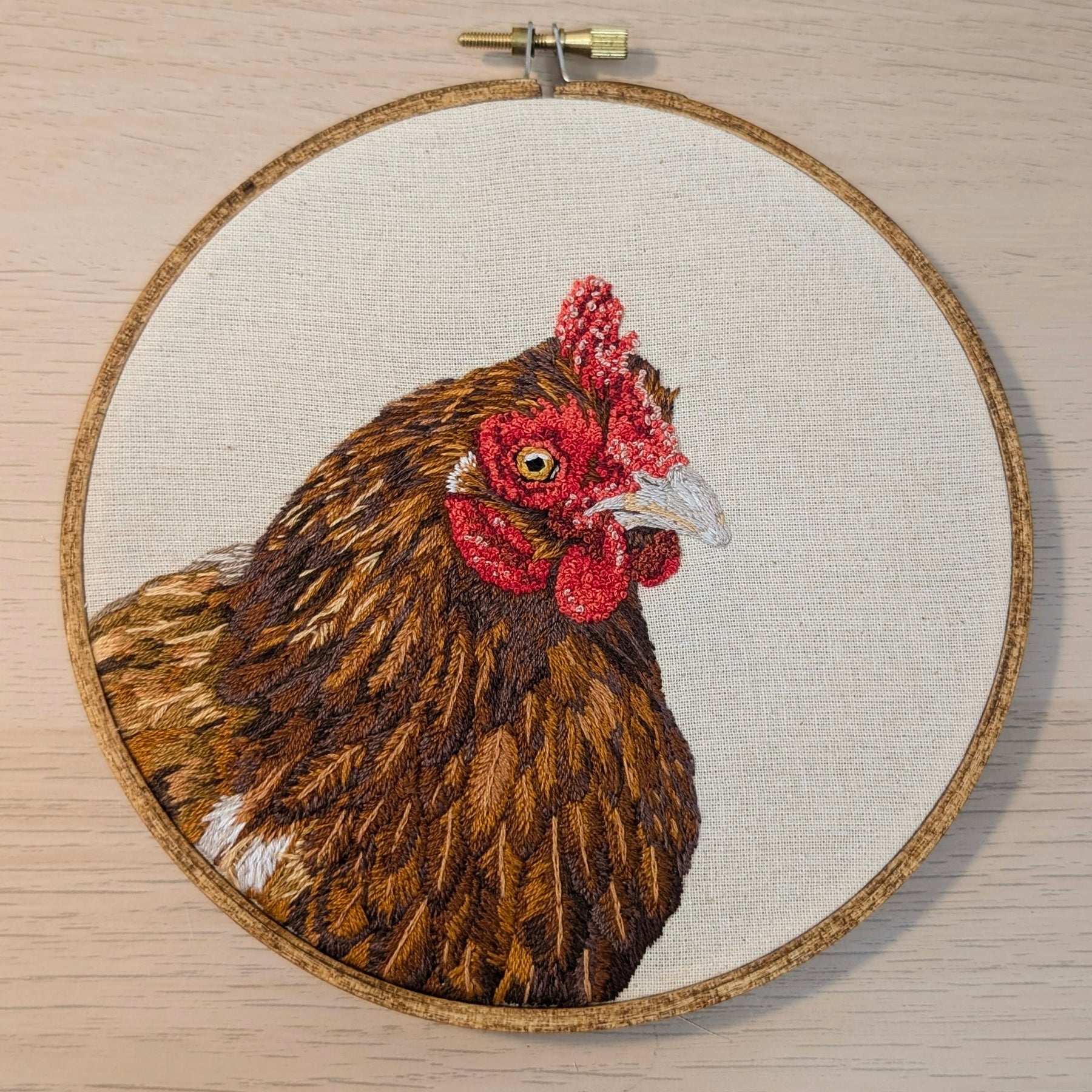 Hand embroidered chicken portrait, 6" wooden hoop